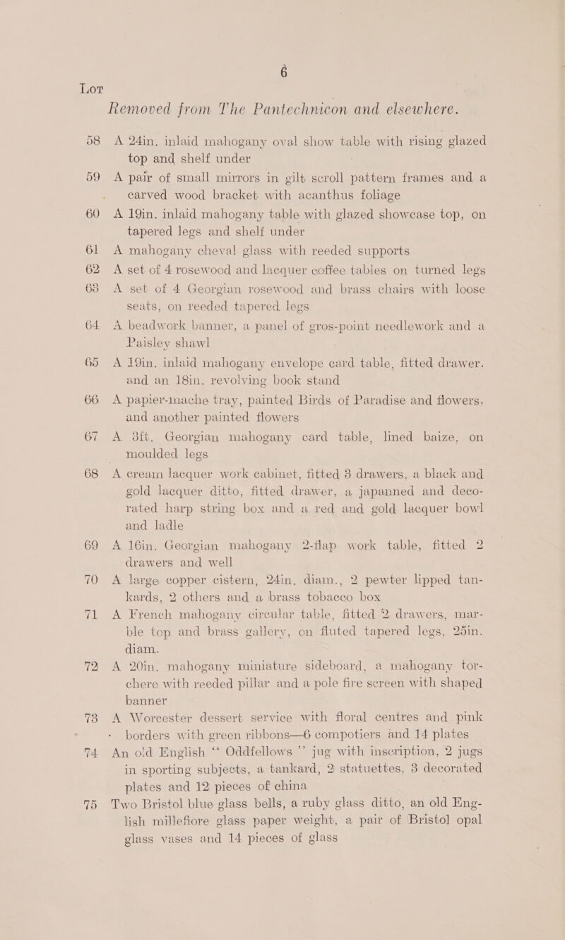 ‘ Lor Removed from The Pantechnicon and elsewhere. 58 <A 24in, inlaid mahogany oval show table with rising glazed top and shelf under 59 A pair of small mirrors in gilt scroll pattern frames and a carved wood bracket with acanthus foliage 60 A 19in. inlaid mahogany table with glazed showcase top, on tapered legs and shelf under 61 <A mahogany cheval glass with reeded supports 62 <A set of 4 rosewood and lacquer coffee tables on turned legs 63 A set of 4 Georgian rosewood and brass chairs with loose seats, on reeded tapered, legs 64 A beadwork banner, a panel of gros-point needlework and a Paisley shawl or Or A 19in. inlaid mahogany envelope card table, fitted drawer. and an 18in. revolving book stand 66 A papier-inache tray, painted Birds of Paradise and flowers, and another painted flowers 67 <A sft. Georgian mahogany card table, lmed baize, on moulded legs 68 <A cream lacquer work cabinet, fitted 3 drawers, a black and gold lacquer ditto, fitted drawer, a japanned and deco- rated harp string box and a red and gold lacquer bowl and ladle 69 A 16in. Georgian mahogany 2-flap work table, fitted 2 drawers and well 70 <A large copper cistern, 24in. diam., 2 pewter lipped tan- kards, 2 others and a brass tobacco box 71 A French mahogany circular table, fitted 2 drawers, mar- ble top and brass gallery, on fluted tapered legs, 25in. diam. 72 A 20in. mahogany miniature sideboard, a mahogany tor- chere with reeded pillar and a pole fire screen with shaped banner 73 A Worcester dessert service with floral centres and pink borders with green ribbons—6 compotiers and 14 plates 74 An old English ‘‘ Oddfellows ”’ jug with inscription, 2 jugs in sporting subjects, a tankard, 2 statuettes, 3 decorated plates and 12 pieces of china | 75 Two Bristol blue glass bells, a ruby glass ditto, an old Eng- lish milleflore glass paper weight, a pair of Bristol opal glass vases and 14 pieces of glass