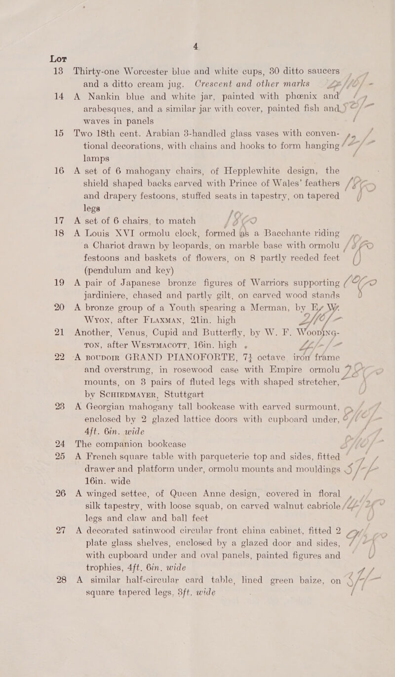 13 14 15 16 17 18 1g 26 Thirty-one Worcester blue and white cups, 30 ditto saucers A Nankin blue and white jar, painted with phoenix and waves in panels Two 18th cent. Arabian 8-handled glass vases with conven- lamps A set of 6 mahogany chairs, of Hepplewhite design, the legs A set of 6 chairs, to match BOO A Louis XVI ormolu clock, formed as a Bacchante riding Pe ft? ; ¥ (pendulum and key) A pair of Japanese bronze figures of Warriors supporting jardiniere, chased and partly gilt, on carved wood stands A bronze group of a Youth spearing a Merman, by Ey We Wyon, after Fraxman, 2lin. high 2 (7 < TON, Nive Wesrmacorr, 16in. high , Lp-/- ( by ScutEpMAYER, Stuttgart A Georgian mahogany tall bookease with carved surmount, enclosed by 2 glazed lattice doors with cupboard under, 4ft. Bin. wide The companion bookcase drawer and platform under, ormolu mounts and mouldings 16in. wide A winged settee, of Queen Anne design, covered in floral legs and claw and ball feet A decorated satinwood circular front china cabinet, fitted 2 plate glass shelves, enclosed by a glazed door and sides, with cupboard under and oval panels, painted figures and trophies, 4ft. 6in. wide A similar half-cireular card table, lined green baize, on square tapered legs. 3ft. wide a g cy \ f