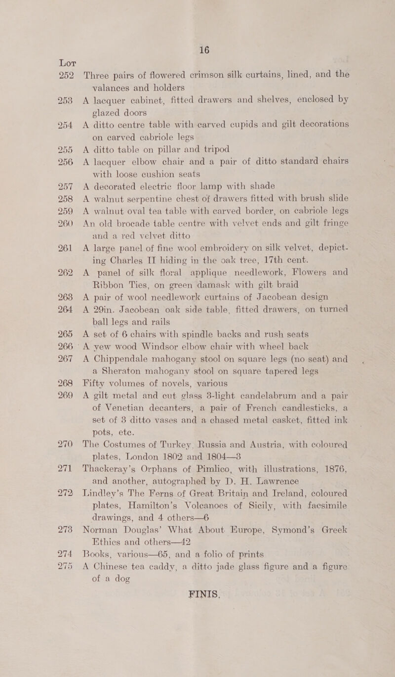 Three pairs of flowered crimson silk curtains, lined, and the valances and holders | A lacquer cabinet, fitted drawers and shelves, enclosed by elazed doors A ditto centre table with carved cupids and gilt decorations on carved cabriole legs A ditto table on pillar and tripod A lacquer elbow chair and a pair of ditto standard chairs with loose cushion seats A decorated electric floor lamp with shade A walnut serpentine chest of drawers fitted with brush slide A walnut oval tea table with carved border, on cabriole legs An old brocade table centre with velvet ends and gilt fringe and a red velvet ditto A large panel of fine wool embroidery on silk velvet, depict- ing Charles IT hiding in the oak tree, 17th cent. A panel of silk floral applique needlework, Flowers and Ribbon Ties, on green damask with gilt braid A pair of wool needlework curtains of Jacobean design A 29in. Jacobean oak side table, fitted drawers, on turned ball legs and rails A set of 6 chairs with spindle backs and rush seats ~ A yew wood Windsor elbow chair with wheel back A Chippendale mahogany stool on square legs (no seat) and a Sheraton mahogany stool on square tapered legs Fifty volumes of novels, various A gilt metal and cut glass 3-light candelabrum and a pair of Venetian decanters, a pair of French candlesticks, a set of 8 ditto vases and a chased metal casket, fitted ink pots, etc. , The Costumes of Turkey, Russia and Austria, with coloured plates, London 1802 and 1804—3 Thackeray’s Orphans of Pimlico, with illustrations, 1876, and another, autographed by D. H. Lawrence Lindley’s The Ferns of Great Britain and Ireland, coloured plates, Hamilton’s Volcanoes of Sicily, with facsimile drawings, and 4 others—6 Norman Douglas’ What About Europe, Symond’s Greek Ethics and others—42 Books, various—65, and a folio of prints A Chinese tea caddy, a ditto jade glass figure and a figure of a dog FINIS,