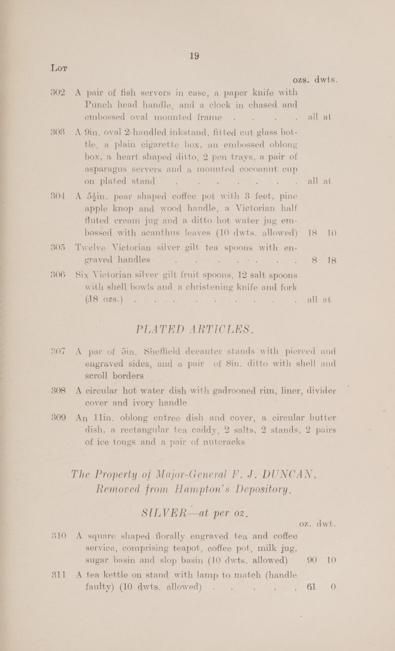 ozs. dwts. ©) SS bD A pair of fish servers in case, a paper knife with Punch head handle, and a clock in chased and embossed oval mounted frame .. ; ie auliat 3808 A Qin. oval 2-handled inkstand, fitted cut glass bot- tle, a plain cigarette box, an embossed oblong box, a heart shaped ditto, 2 pen trays, a pair of asparagus servers and a mounted cocoanut cup on plated stand : Pear aie ot Salle 804 A din. pear shaped coffee pot with 38 feet, pine apple knop and wood handle, a Victorian half fluted cream jug and a ditto hot water jug em- bossed with acanthus leaves (10 dwts. allowed) 18 10 305 Twelve Victorian silver gilt tea spoons with en- eraved handles pa ees : 8 18 806 Six Victorian silver gilt fruit spoons, 12 salt spoons with shell bowls and a christening knife and fork QS ozs.) . ape Se dat ee ae . all at PLATED ARTICLES. 807 A par of Sin. Sheffield decanter stands with pierced and } engraved sides, and a pair of 8in. ditto with shell and seroll borders 808 <A circular hot water dish with gadrooned rim, liner, divider cover and ivory handle | 309 An lin. oblong entree dish and cover, a circular butter dish, a rectangular tea caddy, 2 salts, 2 stands, 2 pairs of ice tongs and a pair of nutcracks | The Property of Major-General F. J. DUNCAN, Removed from Hampton's Depository. SILVER—at per oz, oz. dwt. 310 A square shaped-florally engraved tea and coffee service, comprising teapot, coffee pot, milk jug, sugar basin and ‘slop basin (10 dwts. allowed) 90 «10 311 <A tea kettle on stand with lamp to match (handle faulty) (10 dwts, allowed) ., oe Gls 0