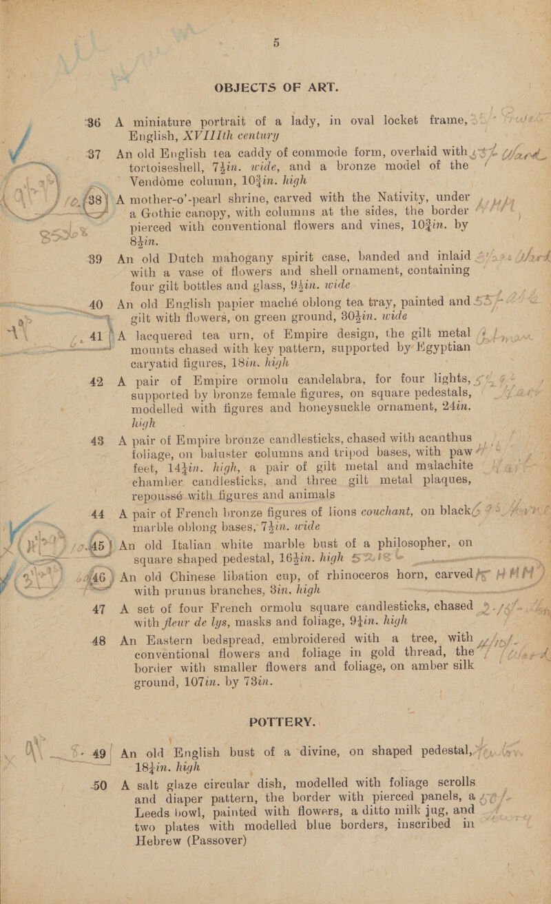   OBJECTS OF ART. 36 A miniature portrait of a lady, in oval locket frame, | English, XAVIIIth century $7 An old English tea caddy of commode form, overlaid with 2° tortoiseshell, 74in. wide, and a bronze model of the ~ Vendome cohen. 103in. high pierced with oe flowers and vines, 10%in. by 84in. 39 An old Dutch mahogany spirit case, banded and inlaid / with a vase of flowers and shell ornament, es four gilt bottles and glass, 95en. wide _40 An old English papier maché oblong tea tray, painted and ~ we olf with flowers, on green ground, 803in. wide caryatid figures, 181. hagh 42 A pair of Empire ormolu candelabra, a four lights, supported by bronze female figures, on square aaale modelled with figures and honeysuckle ornament, 24in. 43 A pair of Empire bronze candlesticks, chased with acanthus foliage, on baluster columns and tripod bases, with paw ¢7 feet, 144in. high, a pair of gilt metal and malachite chamber candlesticks, and three gilt metal baer repoussé with figures and animals marble oblong bases, 74in. wide i” square shaped pedestal, 16gin. high 57'S /@46 ) An old Chinese libation eup, of iacuenne horn, ee , a. = with prunus branches, 38in. high :; ~~ with fleur de lys, masks and foliage, 9Zin. high conventional flowers and foliage in gold thread, the”, border with smaller flowers aes foliage, on amber silk ground, 107in. by 78¢. POTTERY. ic 18iin. high 50 A salt glaze cireular dish, modelled with foliage scrolls Leeds bowl, painted with flowers, a ditto milk jug, and ~ two plates with modelled blue borders, inscribed in Hebrew (Passover) “ty Fee 