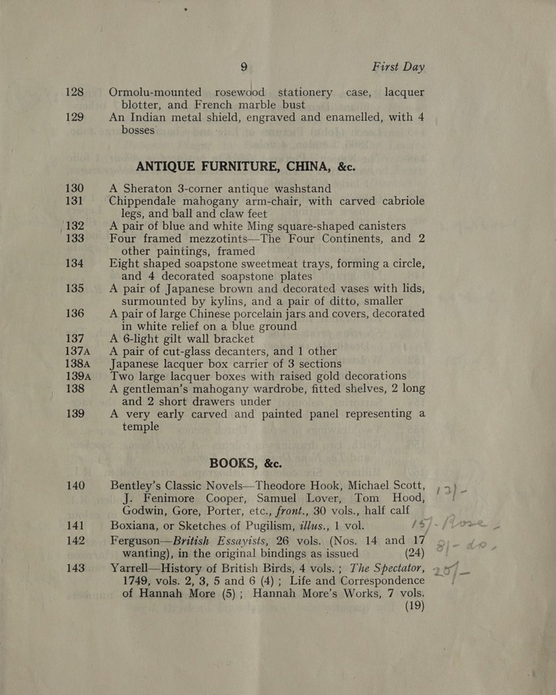 128 129 130 131 132 133 134 135 136 137 137A 138A 139A 138 139 140 141 142 143 9 First Day Ormolu-mounted rosewood stationery case, lacquer blotter, and French marble bust An Indian metal shield, engraved and enamelled, with 4 bosses’ ; ANTIQUE FURNITURE, CHINA, &amp;c. A Sheraton 3-corner antique washstand Chippendale mahogany arm-chair, with carved cabriole legs, and ball and claw feet A pair of blue and white Ming square-shaped canisters Four framed mezzotints—The Four Continents, and 2 other paintings, framed Eight shaped soapstone sweetmeat trays, forming a circle, and 4 decorated soapstone plates A pair of Japanese brown and decorated vases with lids, surmounted by kylins, and a pair of ditto, smaller A pair of large Chinese porcelain jars and covers, decorated in white relief on a blue ground A 6-light gilt wall bracket A pair of cut-glass decanters, and 1 other Japanese lacquer box carrier of 3 sections Two large lacquer boxes with raised gold decorations A gentleman’s mahogany wardrobe, fitted shelves, 2 long and 2 short drawers under A very early carved and painted panel representing a temple BOOKS, &amp;c. Bentley’s Classic Novels—Theodore Hook, Michael Scott, J. Fenimore Cooper, Samuel Lover, Tom Hood, Godwin, Gore, Porter, etc., front., 30 vols., half calf Boxiana, or Sketches of Pugilism, zlus., 1 vol. i$ wanting), in the original bindings as issued (24) 1749, vols. 2, 3, 5 and 6 (4); Life and Correspondence of Hannah More (5); Hannah More’s Works, 7 vols. (19)