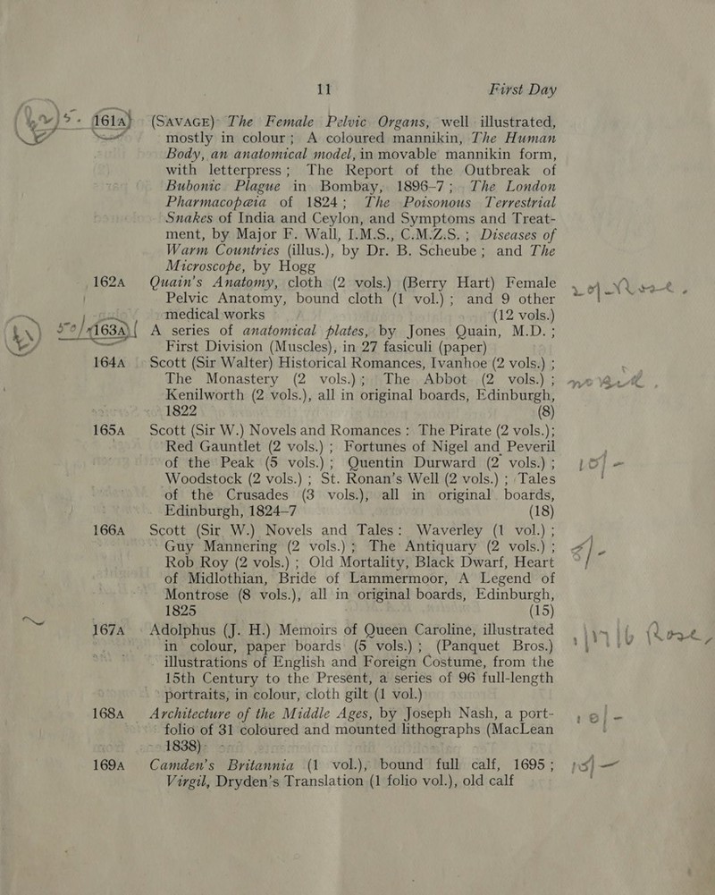 LY ba aol 162A y. Te \) so Al 63,) ( at 164A 165A 166A at 1674 168A 169A 11 First Day (SAVAGE) The Female Pelvic Organs, well - illustrated, mostly in colour; A coloured mannikin, The Human Body, an anatomical model, in movable mannikin form, with letterpress; The Report of the Outbreak of Bubonic. Plague in Bombay, 1896-7; The London Pharmacopeaia of 1824; The Potsonous Terrestrial Snakes of India and Ceylon, and Symptoms and Treat- ment, by Major F. Wall, I.M.S., C.M-Z.S. ; Diseases of Warm Countries (illus.), by Dr. B. Scheube; and The Microscope, by Hogg Quain’s Anatomy, cloth (2 vols.) (Berry Hart) Female Pelvic Anatomy, bound cloth (1 vol.) ; and 9 other medical-works (12 vols.) A series of anatomical plates, by Jones Quain, M.D. ; First Division (Muscles), in 27 fasiculi (paper) Scott (Sir Walter) Historical Romances, Ivanhoe (2 vols.) ; The Monastery (2 vols.); The Abbot (2 vols.) ; Kenilworth (2 vols.), all in original boards, Edinburgh, OY 1822 | (8) Scott (Sir W.) Novels and Romances: The Pirate (2 vols.); ‘Red Gauntlet (2 vols.) ; Fortunes of Nigel and Peveril of the Peak (5 vols.); Quentin Durward (2 vols.) ; Woodstock (2 vols.) ; St. Ronan’s Well (2 vols.) ; Tales of the Crusades (3 vols.), all in original boards, . Edinburgh, 1824—7 (18) Scott (Sir W.) Novels and Tales: Waverley (1 vol.) ; ‘Guy Mannering (2 vols.) ; The Antiquary (2 vols.) ; Rob Roy (2 vols.) ; Old Mortality, Black Dwarf, Heart of Midlothian, Bride of Lammermoor, A Legend of Montrose (8 vols.), all in original boards, Edinburgh, 1825 (15) Adolphus (J. -H.) Memoirs of Queen Caroline, illustrated in colour, paper boards (5 vols.) ; (Panquet Bros.) ‘ istrations of English and Foreign Costume, from the 15th Century to the Present, a series of 96 full-length portraits, in colour, cloth gilt (1 vol.) Architecture of the Middle Ages, by Joseph Nash, a port- - folio of 31 sv ariiedbate and mounted ye lige (MacLean 1838)- - Camden's Britannia (1 vol.), bound full calf, 1695 ; Virgil, Dryden's Translation (1 folio vol.), old calf