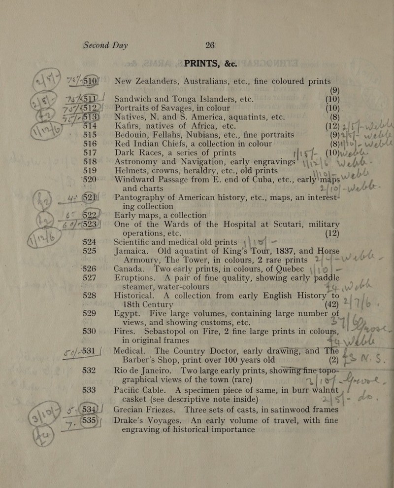 PRINTS, &amp;c. q\7 78/4510) New Zealanders, Australians, etc., fine coloured prints ae aa (9) (veh &lt;i 1SPSLL- ! Sandwich and Tonga Islanders, etc. (10) Set, 7578 5122) Portraits of Savages, in colour (10). hay 5/7813) Natives, N. and S. America, aquatints, etc. (8) \ alin) 514 Kafirs, natives of Africa, etc. (12) 210 f—v Ly Aw 4a) ay ies 5 Eo) Bedouin, Fellahs, Nubians, etc., fine portraits (9) at57- wi edets Aine 516 Red Indian Chiefs, a collection in colour (8)t}he} - wel 517 Dark Races, a series of prints tits - (10) wieder 518 Astronomy and Navigation, early engravings a 1 db ; 519 Helmets, crowns, heraldry, etc., old prints LAs 520° Windward Passage from E. end of Cuba, etc., early naps aad iy, hh and charts 2/10}. war - &amp; bf S20 Pantography of American history, etc., maps, an interest- se as a sl ing collection , \ €* 6227 Early maps, a collection ex ¢ 523! One of the Wards of the Hospital at Scutari, military (A G's is operations, etc. Naasicg? (12) (5 ah 524 Scientific and medical old prints 4) \%) = Ny 525 Jamaica. Old aquatint of King’s Tour, 1837, and Horse Armoury, The Tower, in colours, 2 rare prints 2 ~)-\~ 4 ‘526 Canada. Two early prints, in colours, of Quebec \ || = ied Eruptions. A pair of fine quality, showing early paddle , hi steamer, water-colours 6 Wy? 528 Historical. A collection from early English History ‘to. Shas ss 18th Century (42) “{ if 529 Egypt. Five large volumes, containing large number ot hy views, and showing customs, etc. 31) YY | 530 Fires. Sebastopol on Fire, 2 fine large prints in colours, '~ 7 hah 74 | in original frames +3) \W [iE gg/-831_[ Medical. The Country Doctor, early drawing} and T be we 1 ict Barber’s Shop, print over 100 years old (2) a 532 Riode Janeiro. Two large early prints, hora topo- 4 graphical views of the town (rare) r&amp; ie 7. et ie 533 Pacific Cable. A specimen piece of same, in burr ‘waln ty casket (see descriptive note inside) ‘o&gt; ee Ay? O93 '{ Grecian Friezes. Three sets of casts, in satinwood frames AS\' Aupus 935) | Drake’s Voyages. An early volume of travel, with fine \ eo engraving of historical importance 
