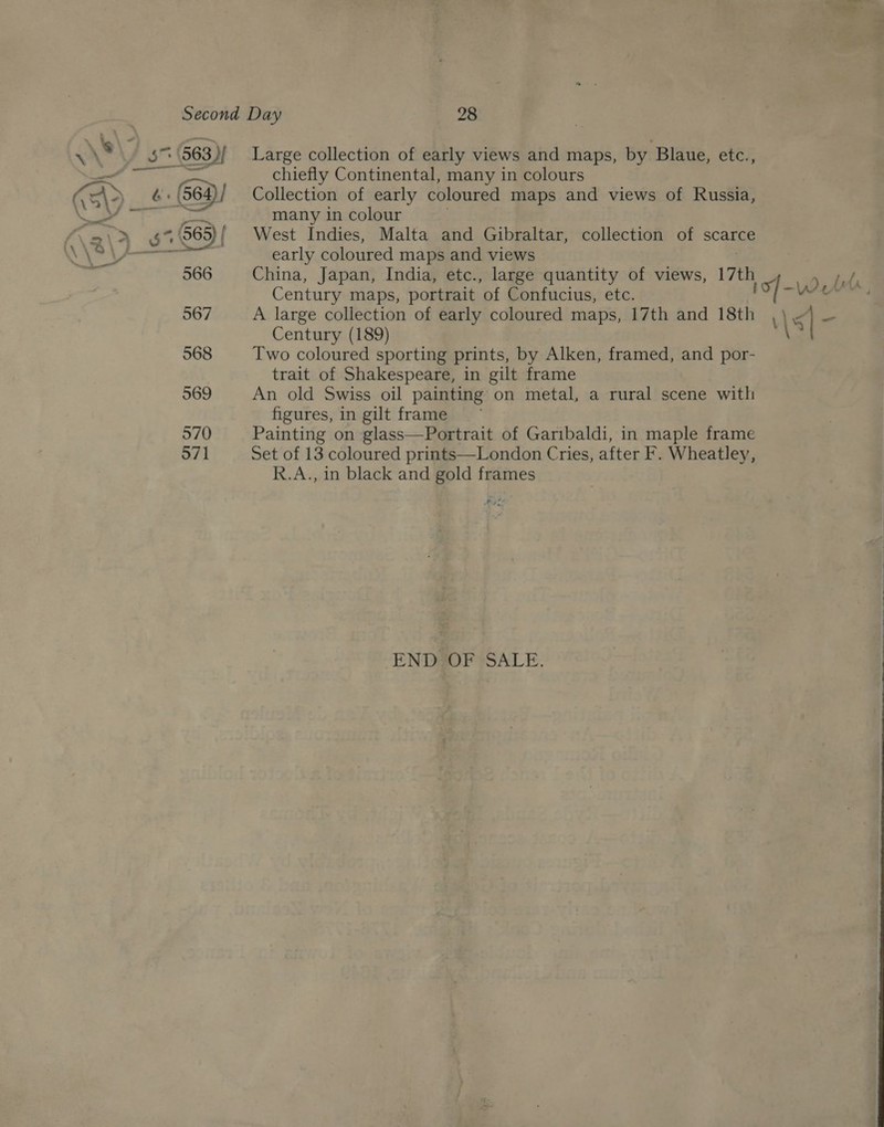 WAS 57 563) Large collection of early views and maps, by Blaue, etc., mae! chiefly Continental, many in colours ‘Ge G (564)/ Collection of early coloured maps and views of Russia, ae many in colour =—\&gt; §%(965)/ West Indies, Malta and Gibraltar, collection of scarce \a\ sername early coloured maps and views 566 China, Japan, India, etc., large quantity of views, 17th ; \ Century maps, portrait of Confucius, etc. WW , 567 A large collection of early coloured maps, 17th and 18th \ S| Century (189) \ 568 Two coloured sporting prints, by Alken, framed, and por- trait of Shakespeare, in gilt frame 569 An old Swiss oil painting on metal, a rural scene with figures, in gilt frame 570 Painting on glass—Portrait of Garibaldi, in maple frame 571 Set of 13 coloured prints—London Cries, after F. Wheatley, R.A., in black and gold frames END OF SALE. 