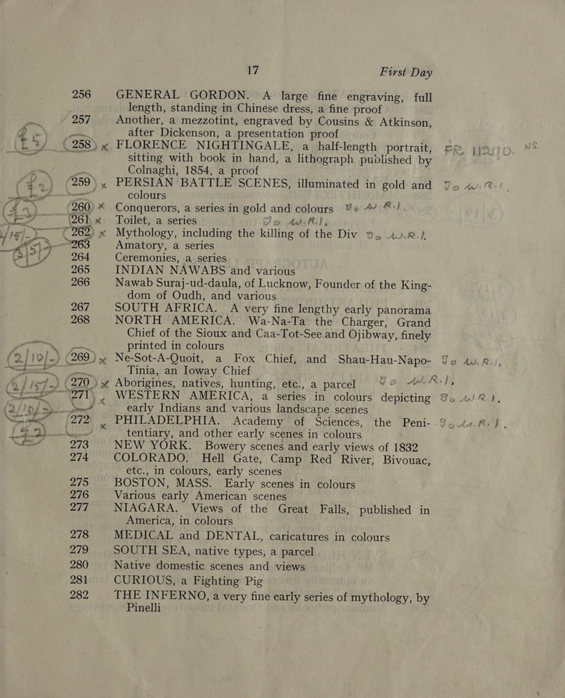 GENERAL GORDON. A large fine engraving, full length, standing in Chinese dress, a fine proof Another, a mezzotint, engraved by Cousins &amp; Atkinson, after Dickenson, a presentation proof FLORENCE NIGHTINGALE, a half-length portrait, po. TN pele, AS sitting with book in hand, a lithograph published by Colnaghi, 1854, a proof PERSIAN BATTLE SCENES, illuminated in gold and Ya wi? colours Conquerors, a series in gold and colours Ys 4 °**!. Toilet, a series Ao Ade Re) Mythology, including the killing of the Div 3. .0.®.?, Amatory, a series Ceremonies, a series INDIAN NAWABS and various Nawab Suraj-ud-daula, of Lucknow, Founder of the King- dom of Oudh, and various SOUTH AFRICA. A very fine lengthy early panorama NORTH AMERICA. Wa-Na-Ta the Charger, Grand Chief of the Sioux and Caa-Tot-See and Ojibway, finely printed in colours Tinia, an Ioway Chief ‘) LR Aborigines, natives, hunting, etc., a parcel Ja AK); WESTERN AMERICA, a series in colours depicting Qe 1/23, early Indians and various landscape scenes PHILADELPHIA. Academy of Sciences, the Peni- .% yA Ref , tentiary, and other early scenes in colours NEW YORK. Bowery scenes and early views of 1832 COLORADO. Hell Gate, Camp Red River, Bivouac, etc., in colours, early scenes BOSTON, MASS. Early scenes in colours Various early American scenes NIAGARA. Views of the Great Falls, published in America, in colours MEDICAL and DENTAL, caricatures in colours SOUTH SEA, native types, a parcel Native domestic scenes and views CURIOUS, a Fighting Pig THE INFERNO, a very fine early series of mythology, by Pinelli