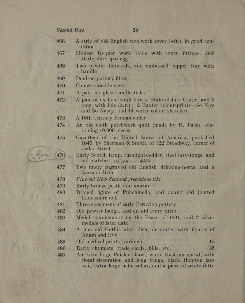 466 468 470 471 472 473 474 475 (476 478 479 480 481 482 ‘483 484 485 486 487 A strip of old English woolwork (over 14ft.), in good con- dition ; Chinese lacquer work table with ivory fittings, and Derbyshire spar egg Two pewter tankards, and ih apa copper tray with handle Doulton pottery filter Chinese crackle vase A pair cut-glass candlesticks pots, with lids (4.F.) ; 2 Baxter colour-prints—So Nice and So Nasty, and 14 water-colour sketches A 16th Century Persian coffer An old cloth patchwork quilt (made by H. Pace), con- taining 10,000 pieces 1846, by Sherman &amp; Smith, of 122 Broadway, corner of Cedar Street Early Scotch lamp, rushlight-holder, steel lazy-tongs, and old matches Sud (— YS Two finely engraved old English drinking-horns, and a German ditto Fine old New Zealand greenstone tiki Early bronze pestle and mortar Draped figure of Punchinello, and quaint old bia Lancashire doll Three specimens of early Peruvian pottery Old pewter badge, and an old ivory ditto Medal commemorating the Peace of 1801, and 2 silver medals of later date . A fine old Gothic alms dish, decorated with figures of Adam and Eve Old medical prints (various) 15 Early chymists’ trade cards, bills, etc. 35 floral decoration and long fringe, black Honiton lace veil, extra large fichu collar, and a piece of white ditto