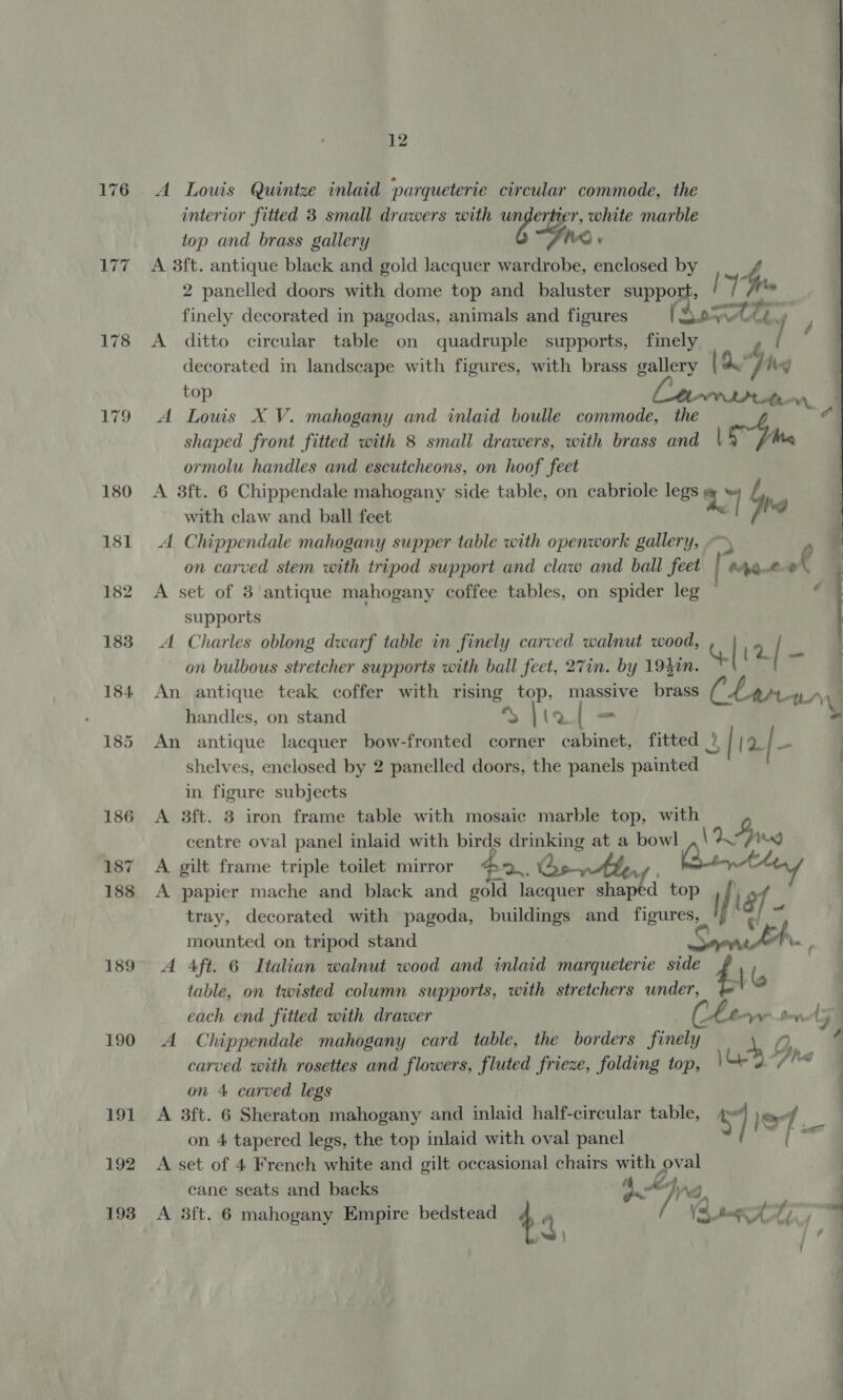 189 190 191 192 193 12 A Louis Quintze inlaid parqueterie circular commode, the interior fitted 3 small drawers with pig? r, white marble top and brass gallery MOQ A 3ft. antique black and gold lacquer wardrobe, enclosed by 2 panelled doors with dome top and baluster support, ly 1G finely decorated in pagodas, animals and figures (Ss+ Ahi , a A ditto circular table on quadruple supports, finely | decorated in landscape with figures, with brass gallery (a , log tap MLOLP At Mus A Louis X V. mahogany and inlaid boulle commode, the shaped front fitted with 8 small drawers, with brass and ue) ae ormolu handles and escutcheons, on hoof feet A 3ft. 6 Chippendale mahogany side table, on cabriole legs ye 4 14 with claw and ball feet id A Chippendale mahogany supper table with openwork gallery, y on carved stem with tripod support and claw and ball feet CAA o€ A set of 3 antique mahogany coffee tables, on spider leg ~ e supports A Charles oblong dwarf table in finely carved walnut wood, 4.| 12 8 on bulbous stretcher supports with ball feet, 27in. by 194in. } An antique teak coffer with rising top, massive brass i APA : handles, on stand no aS &lt;— ‘ An antique lacquer bow-fronted corner cabinet, fitted } ia] od shelves, enclosed by 2 panelled doors, the panels painted in figure subjects A 3ft. 3 iron frame table with mosaic marble top, ra centre oval panel inlaid with pie eee at a bowl Ang A gilt frame triple toilet mirror $2. Os Be A papier mache and black and cold lacquer wen top ji tray, decorated with pagoda, buildings and figures, '/ mounted on tripod stand Sasha A 4ft. 6 Italian walnut wood and inlaid marqueterie side 4) F table, on twisted column supports, with stretchers under, - each end fitted with drawer e oe wei y A Chippendale mahogany card table, the borders finely 0, 4 carved with rosettes and flowers, fluted frieze, folding top, OQ “Pha on 4 carved legs A 3ft. 6 Sheraton mahogany and inlaid half-circular table, ny jet on 4 tapered legs, the top inlaid with oval panel KE A set of 4 French white and gilt occasional chairs with oval cane seats and backs aA In 4 met : A 3ft. 6 mahogany Empire bedstead 4 4 i ow Ae: \ f   f