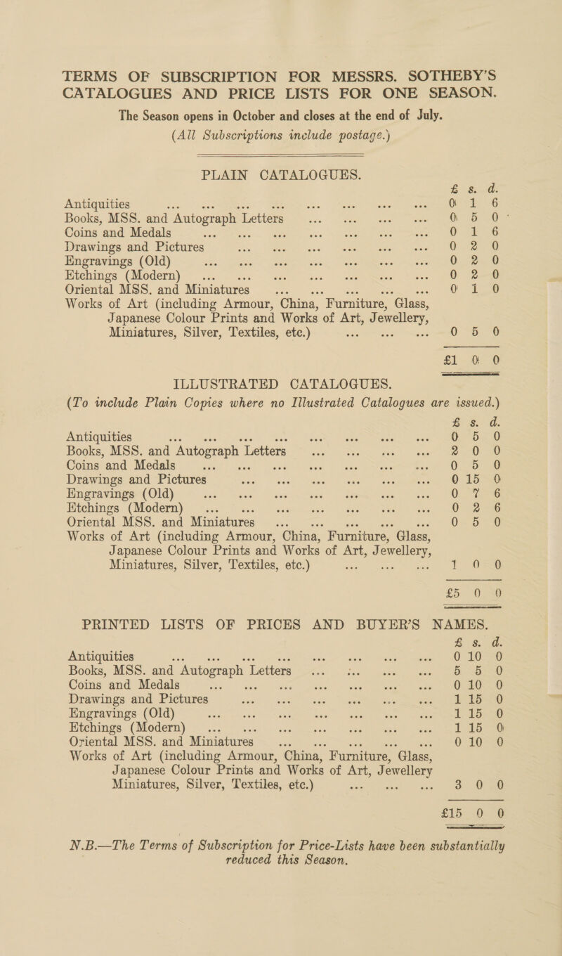 TERMS OF SUBSCRIPTION FOR MESSRS. SOTHEBY’S CATALOGUES AND PRICE LISTS FOR ONE SEASON. The Season opens in October and closes at the end of July. (All Subscriptions include postage.)  PLAIN CATALOGUES. COCOA Oone &amp; s. Antiquities OZ Books, MSS. and Autograph L Letters ® 5 Coins and Medals oe OF Drawings and Pictures 0 2 Engravings (Old) 0.2 Ktchings (Modern) . 0 2 Oriental MSS. and Miniatures a oO 4 Works of Art (including Armour, China, “Furniture, ‘Glass, Japanese Colour Prints and Works of Art, J owellery Miniatures, Silver, Textiles, etc.) 0 “6.6 £1 Oa  ILLUSTRATED CATALOGUES. (To wmclude Plain Copies where no Illustrated Catalogues are issued.) £s. d. Antiquities 0 5 0 Books, MSS. and Autograph 1 Letters 2 0. 20 Coins and Medals x esta | Laas 2 ange ea Oa Drawings and Pictures ney bec. Yagil = ee a cael ca 0 a Engravings (Old) 0. “Ke Etchings (Modern) 0G 25 Oriental MSS. and Miniatures 0 5 0 Works of Art (including Armour, China, Furniture, Glass, Japanese Colour Prints and Works of Art, di ewellery Miniatures, Silver, Textiles, etc.) TT. OSS £5 0 9 PRINTED LISTS OF PRICES AND BUYER'S NAMES. £s. d. Antiquities si site &gt;? -atatas SOUR gion (ea Books, MSS. and Autograph Letters sr. us an) ee ee Coins and Medals he vee S ke ee wee Drawings and Pictures me tae Mer ee Engravings (Old) wtiton evs Sa SNES ee eae a aie eee en me Etchings (Modern) ... ieee Sree eee Oriental MSS. and Miniatures... 010 0 Works of Art (including Armour, China, “Furniture, ‘Glass, Japanese Colour Prints and Works of Art, J ewellery Miniatures, Silver, Textiles, etc.) 3. 0 ot fio &lt;0. @ N.B.—The Terms of Subscription for Price-Lists have been substantially reduced this Season.