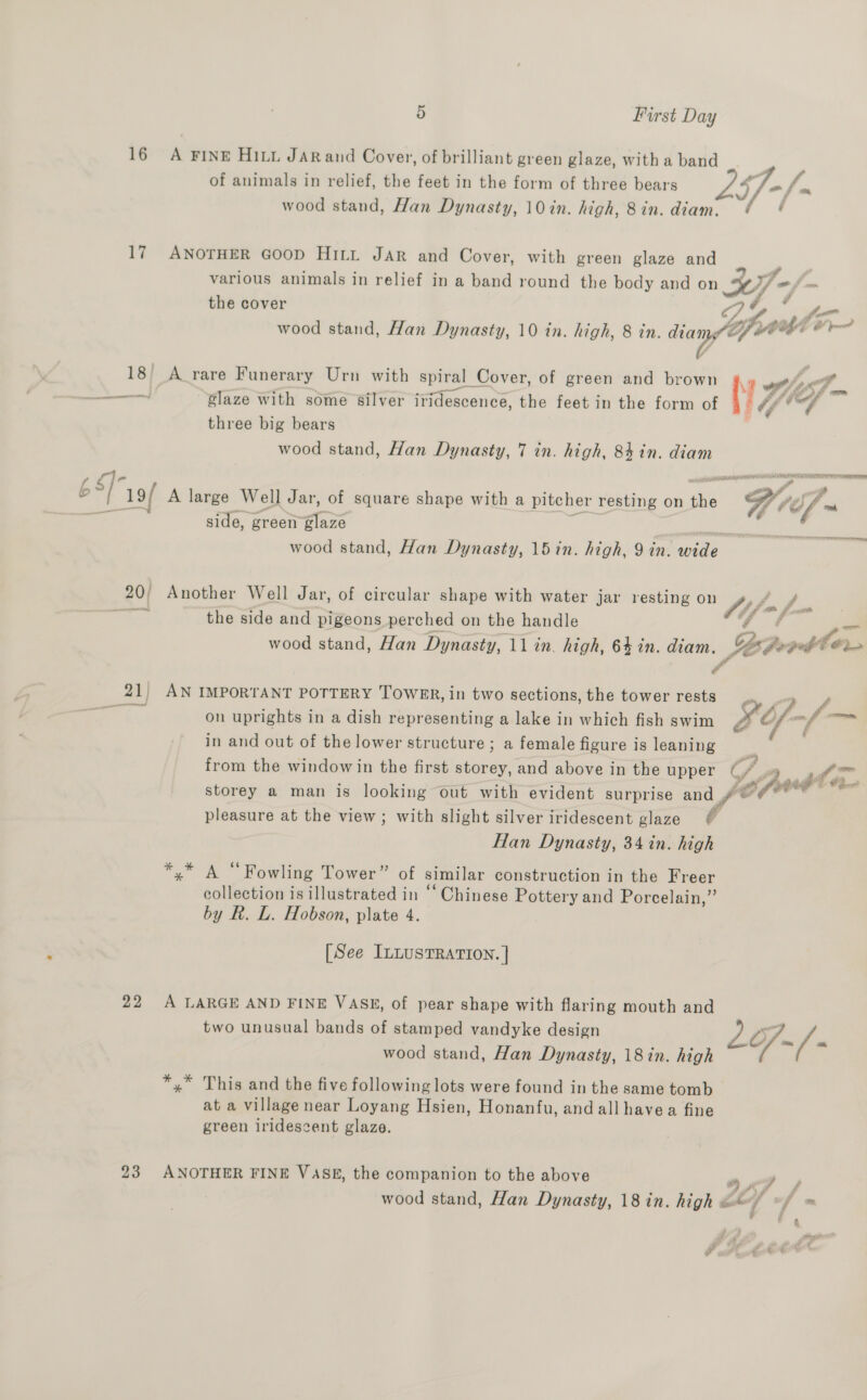 16 A FINE HILL JAR and Cover, of brilliant green glaze, witha band : of animals in relief, the feet in the form of three bears at Ls wood stand, Han Dynasty, 10in. high, 8in. diam. ¢ ¢ 17 ANOTHER GooD Hitt Jar and Cover, with green glaze and f various animals in relief in a band round the body and on 7 - - the cover FA 7 fim wood stand, Han Dynasty, 10 in. high, 8 in. diay Ceull af ned 18 A rare Funerary Urn with spiral Cover, of green and brown \e yy a —— glaze with some Silver iridescence, the feet in the form of ‘Uf ‘a three big bears wood stand, Han Dynasty, 7 in. high, 84 in. diam / g]- ies © / 19/ A large Well Jar, of square shape with a pitcher resting on eke EZ Of ws é side, green goes | peel wood stand, Han Dynasty, 15 in. high, 9 in. wide 20; Another Well Jar, of circular shape with water jar resting on i, tf foe ; the side and pigeons perched on the handle ‘Ff? wood stand, Han Dynasty, 11 in. high, 64 in. ere food 21) AN IMPORTANT POTTERY Tower, in two sections, the tower rests a s., on uprights in a dish representing a lake in which fish swim Se yf - _f— in and out of the lower structure ; a female figure is leaning from the windowin the first woes and above in the upper O. storey a man is looking out with evident surprise and , pleasure at the view; with slight silver iridescent glaze G Han Dynasty, 34 in. high sprple i é- x” A “Fowling Tower” of similar construction in the Freer collection is illustrated in “‘ Chinese Pottery and Porcelain,”’ by Rk. L. Hobson, plate 4. [See ILLusTRATION. } 22 A LARGE AND FINE VASE, of pear shape with flaring mouth and two unusual bands of stamped vandyke design o/~/ wood stand, Han Dynasty, 18in. high / *,* This and the five following lots were found in the same tomb at a village near Loyang Hsien, Honanfu, and allhavea fine green iridescent glaze. 23 ANOTHER FINE VASE, the companion to the above A wood stand, Han Dynasty, 18 in. pre Ze / f= f « a