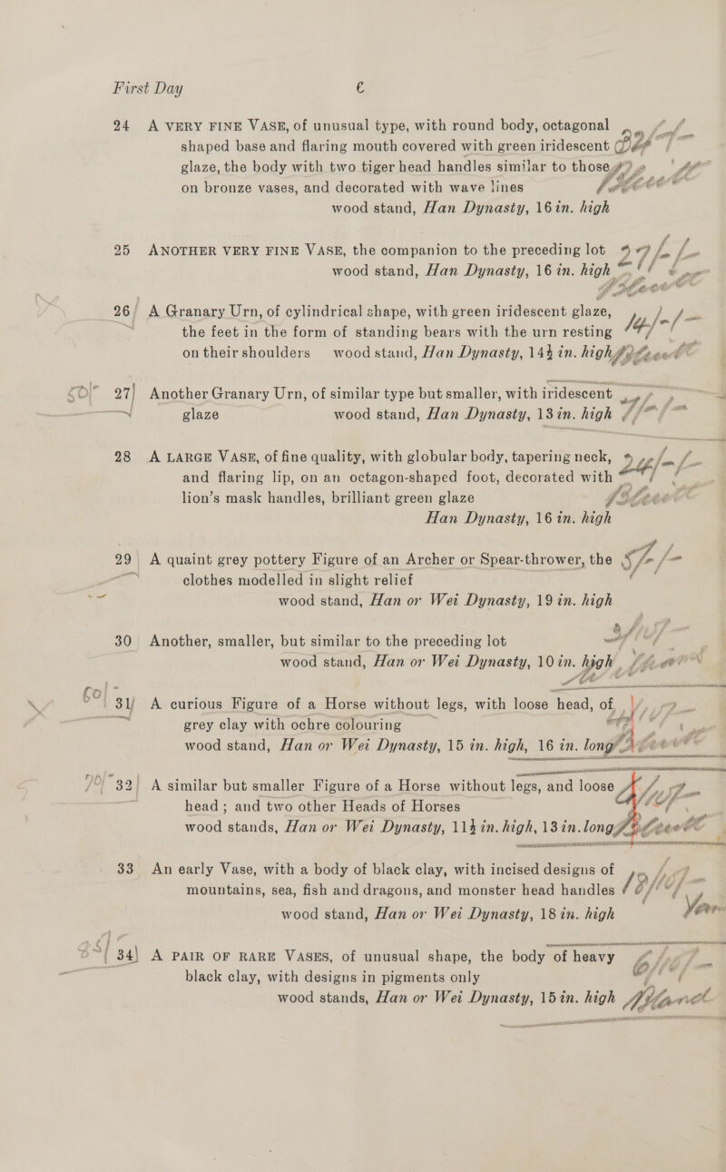 24 A VERY FINE VASE, of unusual type, with round body, octagonal ee shaped base and flaring mouth covered with green iridescent Ve ie glaze, the body with two tiger head handles similar to those, bi @ ye SOD a a on bronze vases, and decorated with wave lines i eet wood stand, Han Dynasty, 161in. high 25 ANOTHER VERY FINE VASE, the companion to the preceding lot 27 a ? f= - wood stand, Han Dynasty, 16 in. high ~ “et # she eee a 26) i Granary Urn, of cylindrical shape, with green iridescent glaze, Sh, the feet in the form of standing bears with the urn resting /q-/~ ontheirshoulders wood stand, Han Dynasty, 144 in. highs ie aa¥  27| Another Granary Urn, of similar type but smaller, with iridescent ~ glaze wood stand, Han Dinan 13 tn. high 28 A LARGE VASE, of fine quality, with globular body, tapering neck, 244/- S f- and flaring lip, on an octagon-shaped foot, decorated with d Le lion’s mask handles, brilliant green glaze #4 Os ee Han Dynasty, 16 in. high 29 A quaint grey pottery Figure of an Archer or Spear- thrower, the S-/- — seh clothes modelled in slight relief wood stand, Han or Wet Dynasty, 19 in. high af § 2 7 30 Another, smaller, but similar to the preceding lot wg tS wood stand, Han or Wei Dynasty, 10 in. pap Sf? al HbA A es ft ~ $5 Ries pick Si NOt AERATORS ~~. 3) A curious Figure of a Horse without legs, with loose head, of i, stag grey clay with ochre colouring | A 4 4 wood stand, Han or Wei Dynasty, 15 in. high, 16 in. long To   an ncaa tte /~ 32. A similar but smaller Figure of a Horse without legs, and eeeee 7 ts oe head ; and two other Heads of Horses f daca ae stands, Han or Wet Dynasty, 114 in. high, 13in. long? Weve fe F 33 An early Vase, with a body of black clay, with incised designs of Le mountains, sea, fish and dragons, and monster head handles 13fof~ wood stand, Han or Wei Dynasty, 18 in. high Vere oO ht PATE ALLIED ALANA AR ”{ 34) A PAIR OF RARE VASES, of unusual shape, the body of h heavy y black clay, with designs in pigments only - wood stands, Han or Wet Dynasty, 15 in. bbe * Mle net