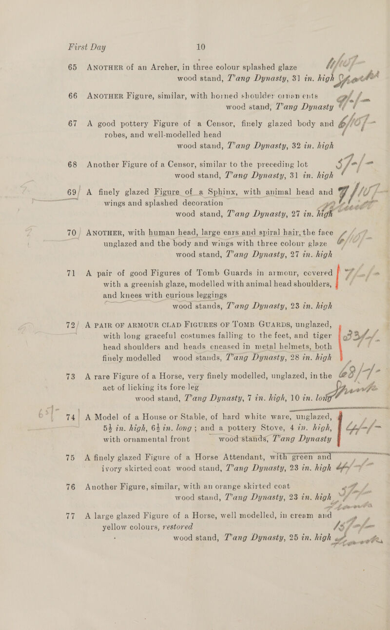 65 ANOTHER of an Archer, in fiise colour splashed glaze Mifley wood stand, 7’ang Dynasty, 31 in. hioh Sport 4 66 ANOTHER Figure, similar, with horned shoulder onan ents W- ’ doe | wood stand, 7’ang Dynasty © ¢ 67 <A good pottery Figure of a Censor, finely glazed body and bf ’ f robes, and well-modelled head wood stand, 7’ang Dynasty, 32 in. high 68 Another Figure of a Censor, similar to the preceding lot wood stand, 7’ang Dynasty, 31 in. high 69/ A finely glazed Figure of _a Sphinx, with animal head and WE wings and splashed decoration id ge wood stand, 7’ang Dynasty, 27 in. he ds f 70) ANOTHER, with human head, large ears and spiral hair, the face ij ‘4 unglazed and the body and wings with three colour glaze hig wood stand, 7’ang Dynasty, 27 in. high with a greenish glaze, modelled with animal head shoulders, and knees with curious leggings i wood stands, Z’ang Dynasty, 23 in. high 71 A pair of good Figures of Tomb Guards in armour, ered “F baa im 72) A PAIR OF ARMOUR CLAD FIGURES OF TOMB GUARDS, unglazed, At with long graceful costumes falling to the feet, and tiger head shoulders and heads encased in metal helmets, both finely modelled wood stands, 7’ang Dynasty, 28 in. high we Ph > * ee wgtiest # y ? ae fof » 73 <A rare Figure of a Horse, very finely modelled, unglazed, inthe as, ; act of licking its fore leg gon | wood stand, 7’ang Dynasty, Tin. high, 10 in. lok 74) A ae of a House or Stable, of hard white ware, es : aa . 54 in. high, 64 in. long; and a pottery Stove, 4 in. high, § eT a with ornamental front wood stands, Z’ang Dynasty ht A QUAY LS A ric Se UE ONCE TY anes siesta TAR 75 A finely glazed Figure of a Horse Attendant, with green an ivory skirted coat wood stand, 7’ang Dynasty, 23 in. high bf-/ wa Ma a ep 76 Another Figure, similar, with an orange skirted coat ea wood stand, T’ang Dynasty, 23 in. high £ » yl Te MT ek eee e 77 A large glazed Figure of a Horse, well modelled, in cream and a yellow colours, restored 13; ff gga wood stand, Z’ang Dynasty, 25 tn. high . i’ an oF,