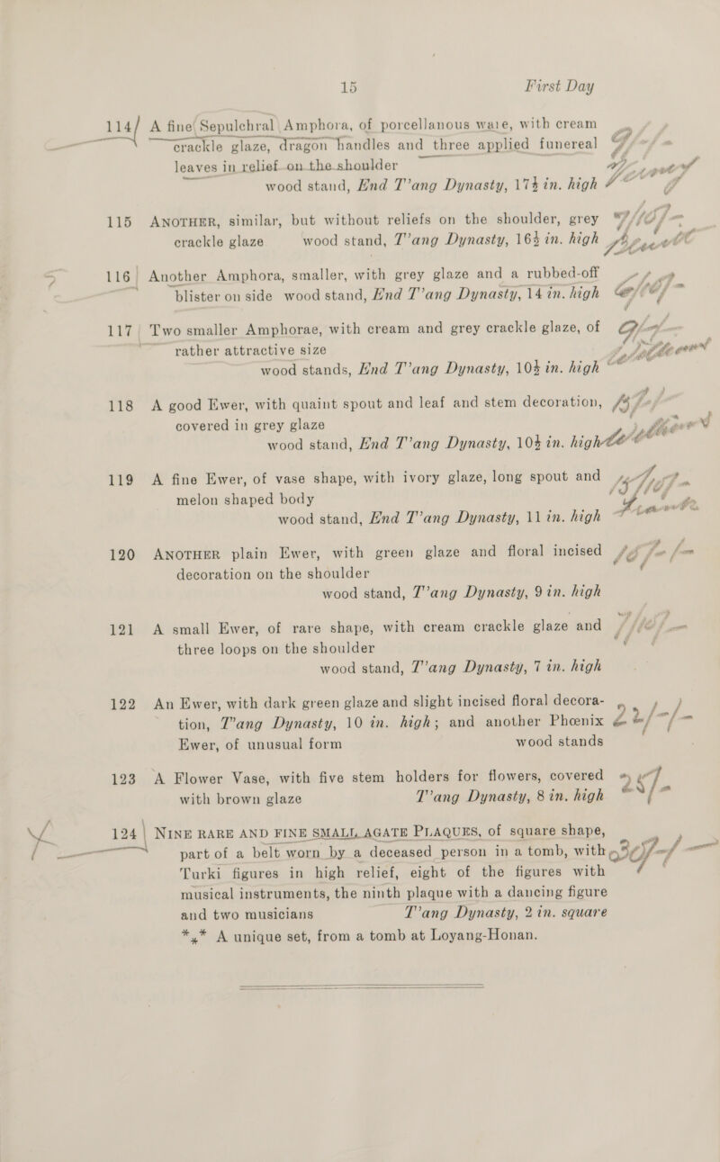115 118 119 120 121 122 123 15 First Day A fine’ Sepulchral Amphora, of porcellanous ware, with cream a a a crackle glaze, dragon handles and three applied funereal y/ leaves in relief-on-theshoulder ~ wy, pet 4 wood stand, End T’ang Dynasty, 174 in. high f* ANOTHER, similar, but without reliefs on the shoulder, grey Fio/ - fr* crackle glaze wood stand, T’ang Dynasty, 164 in. high Ay see (C Another Amphora, smaller, with grey glaze and a rubbed- off 7 fA blister on side wood stand, End T’ang Dynasty, 14 in. high er) rather attractive size Z, tle port wood stands, End T’ang Dynasty, 104 in. high ° . A good Ewer, with quaint spout and leaf and stem decoration, Isf- covered in grey glaze wn wood stand, End T’ang Dynasty, 104 in. high be’ Ww A fine Ewer, of vase shape, with ivory glaze, long spout and Ay a melon shaped body ‘ v4 et ae 5 c et eee wood stand, End T’ang Dynasty, 11 in. high ite ANOTHER plain Ewer, with green glaze and floral incised fg fae poe . ¥ e e f decoration on the shoulder f wood stand, T’ang Dynasty, 9 in. high A small Ewer, of rare shape, with cream crackle glaze and ; TIO Sam # f three loops on the shoulder . wood stand, Z’ang Dynasty, 7 in. high An Ewer, with dark green glaze and slight incised floral decora- 2 tion, Z’ang Dynasty, 10 in. high; and another Phoenix &amp; a / “/ ~ i Ewer, of unusual form wood stands A Flower Vase, with five stem holders for flowers, covered » oe, with brown glaze T’ang Dynasty, 8 in. high 124 | NINE RARE AND FINE SMALL. AGATE PLAQUES, of square shape, part of a belt worn by a deceased person in a tomb, with Off f en Turki figures in high relief, eight of the figures with / musical instruments, the ninth plaque with a dancing figure aud two musicians T’ang Dynasty, 2 in. square *,* A unique set, from a tomb at Loyang-Honan.  