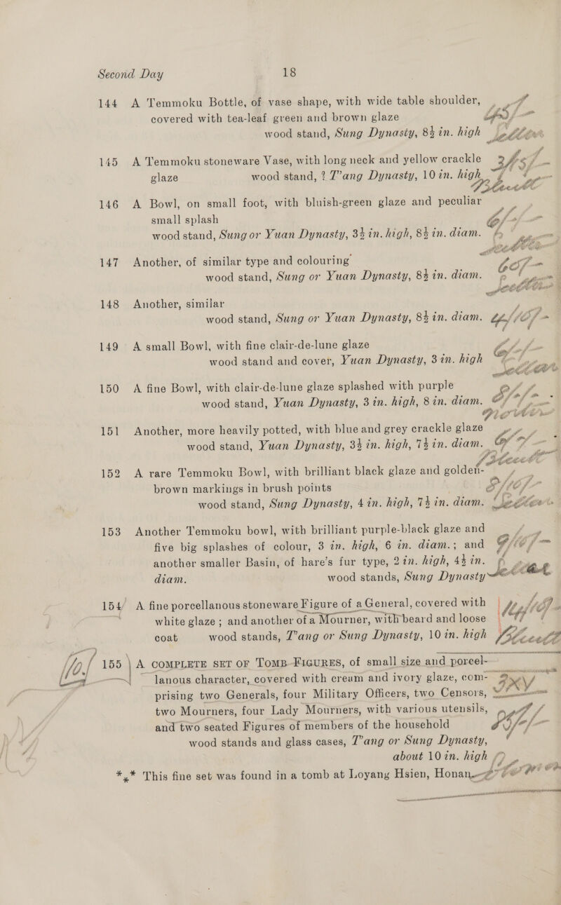 145 146 147 148 150 153 154 peti | \ he X covered with tea-leaf green and brown glaze ipo f- wood stand, Sung Dynasty, 84 in. high ME A Temmoku stoneware Vase, with long neck and yellow crackle Ve $i # glaze wood stand, ? Z’ang Dynasty, 10 in. high. ~) Pb 0 hr A Bowl, on small foot, with bluish-green glaze and peculiar 7 small splash tom ft wood stand, Sung or Yuan Dynasty, 3% in. high, Skin. diam. ¢» Another, of similar type and colouring . ori wood stand, Sung or Yuan Dynasty, 8$in. diam. % r bess pts i a 2. ; ee  Another, similar . re, e Pah e ‘ # A small Bowl, with fine clair-de-lune glaze wood stand and cover, Yuan Dynasty, 3in. high  A fine Bowl, with clair-de-lune glaze splashed with purple o aS ae wood stand, Yuan Dynasty, 3 in. high, 8 in. diam. oO) Another, more heavily potted, with blue and grey crackle ee yy wood stand, Yuan Dynasty, 34 in. high, 74 in. diam. 4 tA d, 13 Fe et A rare Temmoku Bowl, with brilliant black glaze and go ldett- brown markings in brush points Efi i wood stand, Sung Dynasty, 4 in. high, 74 in. diam. ©  Another Temmoku bowl, with brilliant purple-black glaze and Se five big splashes of colour, 3 in. high, 6 in. diam.; and Gil} > another smaller Basin, of hare’s fur type, 277. high, roe fp SS diam, wood stands, Sung Dynasty@*~ ook, A fine porcellanous stoneware Figure of a General, covered with | 4, jy 5 i 's ie £. w; fe white glaze ; and another ofa Mourner, with beard and loose — (Aa coat wood stands, Z’ang or Sung Dynasty, 10 in. high Vict pie RECLINE PENN PE RERES RAN I OEE St A COMPLETE SET OF ToMB-FIGURES, of small size and 1 poreel- lanous character, covered with cream and ivory glaze, com- 2.0) 4 mors prising two Generals, four Military Officers, two Censors, TAY. two Mourners, four Lady Mourners, with various utensils, and two seated Figures of members of the household LG6/- ae wood stands and glass cases, 7’ang or Sung Dynasty, ¢ about 10in. high /) _ [1A ways gi 6:00 AG ARMIES tee pe DE IO pet ancee: