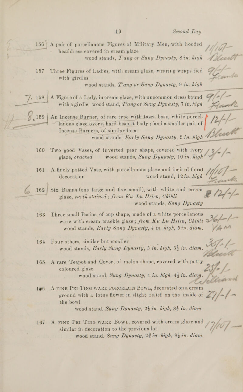 156) A pair of porcellanous Figures of Military Men, with hooded P Ati, headdress covered in cream glaze “ “y wood stands, T’ang or Sung Dynasty, 8in. high 4 hi Cet 157 Three Figures of Ladies, with cream glaze, wearing wraps tied Cf eae with girdles Lo gv be wood stands, 7’ang or Sung Dynasty, 9 in. high ————_— —m A Figure of a Lady, in cream glaze, with uncommon dress bound hh of withagirdle wood stand, 7’ang or Sung Dynasty, 7 in. high Jipeorte. a es Tt 5 189 | An Incense Burner, of rare type with tazza base, w shite porcel- /2--/- — lanous glaze over a hard bisquit body ; ‘and a smaller pair af it hee Incense Burners, of similar form J) , wood stands, Harly Sung Dynasty, 5in. high © sceeael —_—_——— 160 Two good Vases, of inverted pear shape, covered with ivory (3 4/m /- glaze, cracked wood stands, Sung Dynasty, 10 in. high f 161 = A finely potted Vase, with porcellanous glaze aid incised floral i decoration wood stand, 12in. high  o\ 162) Six Basins (one large and five small), with white and cream Z eo ; glaze, earth stained; from Ku Lu Hsien, Chihli 5 /2f-p- secs wood stands, Sung Diakiy, Nepreprct er reer ADAGE ELI 05 PPI OND RES GATS MN RTE MOP 163 Three small Basins, of cup shape, made of a white porcellanous ware with cream crackle glaze; from Ku Lu Hsien, Chihli 6 / i wood stands, Harly Sung Dynasty, 4 in. high, 5in. diam. Vip pt 164 Four others, similar but smaller ig wood stands, Harly Sung Dynasty, 3 in. high, 34 in. diam. 165 Arare Teapot and Cover, of melon shape, covered with int tnt coloured glaze be a wood stand, Sung Dynasty, 4 in. high, 44 in. ey y %,  166 A FINE PEI TING WARE PORCELAIN BOWL, decorated ona cream ground with a lotus flower in slight relief on the inside of aay /- the bowl wood stand, Sung Dynasty, 24 in. high, 84 in. diam. 167 A FINE Pet TING WARE BOWL, covered with cream glaze and + « ya 7 similar in decoration to the previous lot jie wood stand, Sung Dynasty, 2% in. high, 84 in. diam.