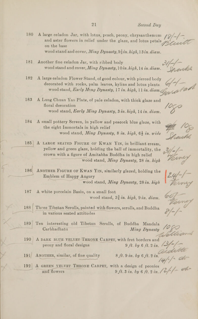   21 Second Day 180 A large celadon Jar, with lotus, peach, peony, chrysanthemum / 9/-(- and aster flowers in relief under the glaze, and lotus petal Se on the base wood stand and cover, Ming Dynasty, 94in. high, 13in.diam. 181 Another fine celadon Jar, with ribbed body Wf wood stand and cover, Ming Dynasty, 10in. high, 14 in.diam. Ste dek 182 A large celadon Flower Stand, of good colour, with pierced body Pe Se 3 decorated with rocks, palm leaves, kylins and lotus plants of 7 —< Z wood stand, Karly Ming Dynasty, 17 in. high, 11 in. diam GAA fie 183. A Lung Chuan Yao Plate, of pale celadon, with thick glaze and floral decoration fo G%, wood stand, Harly Ming Dynasty, 3in. high, 14in. diam. Oo 184 A small pottery Screen, in yellow and peacock blue glaze, with the eight Immortals in high relief C wood stand, Ming Dynasty, 8 in. high, 64 in. wide (>?  185 | A’ LARGE SEATED FIGURE OF Kwan YIN, in brilliant cream, Ye yellow and green glaze, holding the ball of immortality, the ff f-~ \ crown with a figure of Amitabha Buddha in high relief | ade i ge, pT va . ‘wood stand, Ming Dynasty, 28 in. high Vs Po { 186. ANOTHER FicurE or Kwan Yu, similarly glazed, holding the Pay a Emblem of Happy Augury Fi a 3 i | wood stand, Ming Dynasty, 28in. high Z A pit Sf 2 187 A white porcelain Basin, on a small foot Me, wood stand, 3%7n. high, Qin. diam. “Sg VECVE) / 188 Three Tibetan Scrolls, painted with flowers, scrolls, and Buddha P Pi | in various seated attitudes Ps 189 ‘Ten interesting old Tibetan Scrolls, of Buddha Mandala Jo  Carbhadhatu Ming Dynasty ’ ~ a Cele gor’ 190 A DARK BLUE VELVET THRONE CARPET, with fret borders and P peony and floral designs 9 ft. by 6 ft. 2 in. (3/- ri | | . ee el 191 ANOTHER, similar, of fine quality 8 ft. Qin. by 6 ft. 2 WZ ath 192 A GREEN VELVET THRONE CARPET, with a design of peonies 