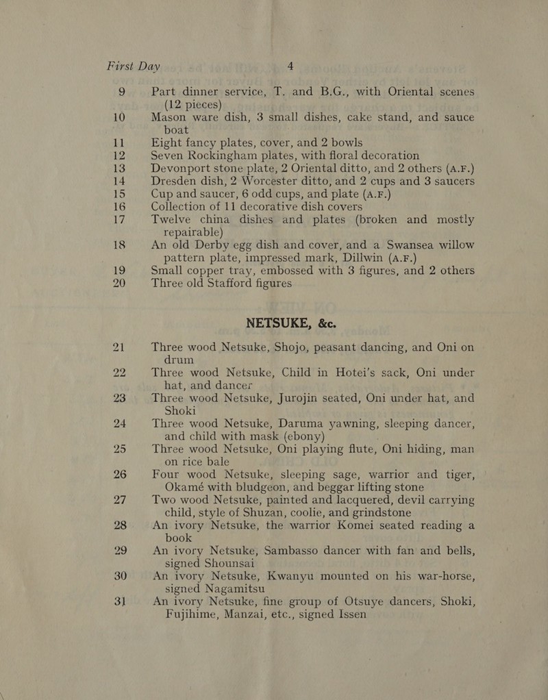 Part dinner service, T. and B.G., with Oriental scenes (12 pieces); . Mason ware dish, 3 small dishes, cake stand, and sauce boat 3 Eight fancy plates, cover, and 2 bowls Seven Rockingham plates, with floral decoration Devonport stone plate, 2 Oriental ditto, and 2 others (a.F.) Dresden dish, 2 Worcester ditto, and 2 cups and 3 saucers Cup and saucer, 6 odd cups, and plate (A.F.) Collection of 11 decorative dish covers Twelve china dishes and plates (broken and mostly repairable) An old Derby egg dish and cover, and a Swansea willow pattern plate, impressed mark, Dillwin (A.F.) Small copper tray, embossed with 3 figures, and 2 others Three old Stafford figures NETSUKE, &amp;c. Three wood Netsuke, Shojo, peasant dancing, and Oni on drum Three wood Netsuke, Child in Hotei’s sack, Oni under hat, and dancer Three wood Netsuke, Jurojin seated, Oni under hat, and Shoki Three wood Netsuke, Daruma yawning, sleeping dancer, and child with mask (ebony) . Three wood Netsuke, Oni playing flute, Oni hiding, man on rice bale Four wood Netsuke, sleeping sage, warrior and tiger, Okamé with bludgeon, and beggar lifting stone Two wood Netsuke, painted and lacquered, devil carrying child, style of Shuzan, coolie, and grindstone An ivory Netsuke, the warrior Komei seated reading a book An ivory Netsuke, Sambasso dancer with fan and bells, signed Shounsai An ivory Netsuke, Kwanyu mounted on his war-horse, signed Nagamitsu An ivory Netsuke, fine group of Otsuye dancers, Shoki, Fujihime, Manzai, etc., signed Issen