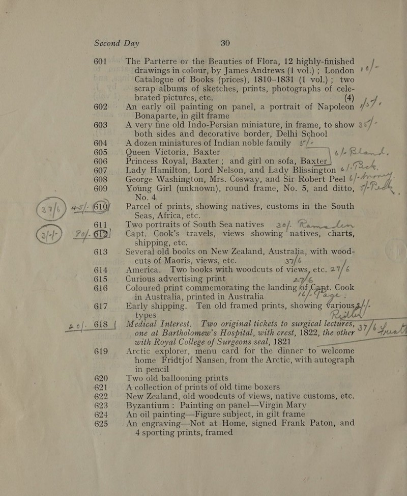601 The Parterre or the Beauties of Flora, 12 highly-finished | drawings in colour, by James Andrews (1 vol.) ; London !°/ Catalogue of Books (prices), 1810-1831 (1 vol.) ; two scrap albums of sketches, prints, photographs of cele- brated pictures, etc. (4) J 602 An early oil painting on panel, a portrait of Napoleon J : Bonaparte, in gilt frame 603 A very fine old Indo-Persian miniature, in frame, to show 2 | both sides and decorative border, Delhi School 604 A dozen miniatures of Indian noble family y/ Aus 605 Queen Victoria, Baxter _ ir 6 Jo Blea, 606 Princess Royal, Baxter; and girl on sofa, Baxter cm f/f 607 Lady Hamilton, Lord Nelson, and Lady Blissington o/-/ i © 608 George Washington, Mrs. Cosway, and Sir Robert Peel /-4 Ag od. 609 Young Girl (unknown), round frame, No. 5, and ditto, 7): PRidk ~ No. 4 + ni (610/ Parcel of prints, showing natives, customs in the South ia Seas, Africa, etc. ‘ 611 Two portraits of South Sea natives of, Marre Len Po}. 612] Capt. Cook’s travels, views showing natives, charts, shipping, etc. 613 Several old books on New Zealand, Australia, with wood- cuts of Maoris, views, etc. 37/ 6 614 America. Two books with woodcuts of views, etc. - 615 Curious advertising print 2a b 616 Coloured print commemorating the act g of opt paar in Australia, printed in Australia 617 Early shipping. Ten old framed Siete feo farious tf types aera 618 { Medical Interest. Two original tickets to surgical BA tee ie} eT aan one at Bartholomew’s Hospital, with crest, 1822, the seis |S ual with Royal College of Surgeons seal, 1821 eo 619 Arctic explorer, menu card for the dinner: to vs home Fridtjof Nansen, from the Arctic, with autograph in pencil 620 Two old ballooning prints 621 A collection of prints of old time boxers 622 New Zealand, old woodcuts of views, native customs, etc. 623 Byzantium: Painting on panel—Virgin Mary 624 An oil painting—Figure subject, in gilt frame 625 An engraving—Not at Home, signed Frank Paton, and 4 sporting prints, framed