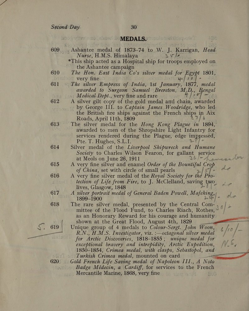 610 611 612 620. MEDALS. Nurse, H.M.S. Himalaya ae ae the Ashantee campaign The Hon. East India Co’s silver medal for’ sypt 1801, very fine ys] 1b The silver: Empress of India, 1st January, 1877, year} awarded to Surgeon Samuel Brereton, M.D.., engal Medical Dept., very fine and rare 3 ad oot A silver gilt copy of the gold medal and chain, awarded - by George II]. to Captain James Woodridge, who led. the British fire ships against the French ee SP, Aix Roads, April 11th, 1809 The silver medal for the Hong Kong Plague in 1894, awarded to men of the Shropshire Light Infantry for. services rendered during the Plague, edge oro ag Pte. T. Hughes, S.L.I. Silver medal of the Liverpool Shipwreck und) Hien Society to Charles Wilson Fearon, for gallant service at Meols on June 26, 1911 3 a A very fine silver and enamel Order of the Bountiful Cro of China, set with circle of small pearls 2./ 5 cal A very fine silver medal of the Royal Society for the Pro- tection of Life from Fire, to J. McClelland, saving aes WEXe lives, Glasgow, 1848 A silver portrait medal of General Baden Powell, M Be e] - 1899-1900 The rare silver medal, presented by the Central caf al mittee of the Flood Fund, to Charles Riach, Rothes, * as an Honorary Reward for his courage and humanity —_ shown at the Great Flood, August 4th, 1829 gg ne Unique group of 4 medals to Colour- -Sergt. John Woon, ys » A fe R.N., H.M.S. Investigator, viz. :—octagonal silver medal “/'' Poe for Atttic Discoveries, 1818-1855 ; unique medal for exceptional bravery and intrepidity, Arctic Expedition, //.*¢ 1850-1854, Crimea medal, with clasps, Sebastopol, and E Turkish Crimea medal, mounted on card ee Badge Médecin, a Cardiff, for services to the French Mercantile Marine, 1868, very fine G57)