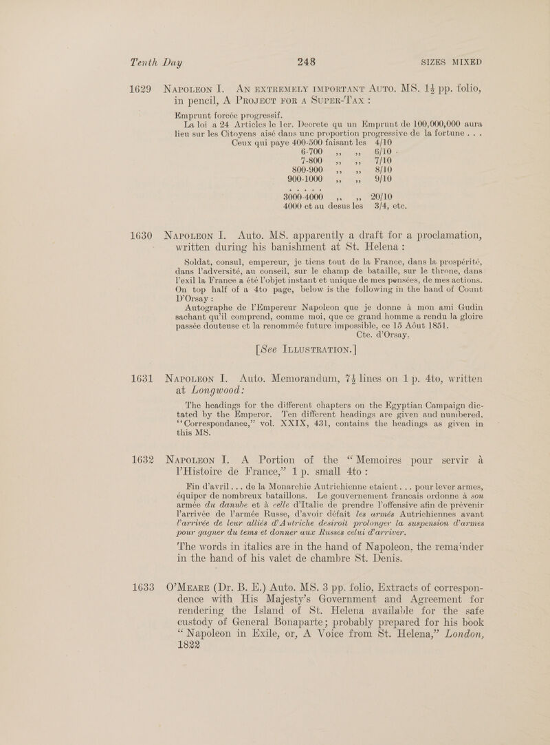 1629 Napotron I. AN EXTREMELY IMPORTANT Auto. MS. 14 pp. folio, in pencil, A PRoJvecT YOR A SUPER-T'AX : imprunt foreée progressif. La loi a 24 Articles le ler. Decrete qu un EKmprunt de 100,000,000 aura lieu sur les Citoyens aisé dans une proportion progressive de la fortune... Ceux qui paye 400-500 faisant les 4/10 6-700 ” 29 6/10 ; TBO 8 ay 5g SD 800-900 ,, ,, 8/10 900-1000 ,, ,, 9/10 3000-4000 ,, ,, 20/10 4000 et au desusles 3/4, etc. 1630 Naporeon I. Auto. MS. apparently a draft for a proclamation, written during his banishment at St. Helena : Soldat, consul, empereur, je tiens tout de la France, dans la prospérité, dans Vadversité, au conseil, sur le champ de bataille, sur le throne, dans Vexil la France a été ’objet instant et unique de mes pensées, de mes actions. On top half of a 4to page, below is the following in the hand of Count D’Orsay : Autographe de PEmpereur Napoleon que je donne a mon ami Gudin sachant qu’il comprend, comme moi, que ce grand homme a rendu la gloire passée douteuse et la renommée future impossible, ce 15 Adut 1851. Cte. d’Orsay. [See ILLUSTRATION. | 1631 Napotzon I. Auto. Memorandum, 74 lines on 1p. 4to, written at Longwood: The headings for the different chapters on the Egyptian Campaign dic- tated by the Emperor. Ten different headings are given and numbered. ‘* Correspondance,” vol. XXIX, 431, contains the headings as given in this MS. 1632 Napoteon I. A Portion of the “ Memoires pour servir a Histoire de France,’ 1p. small 4to: Fin davril... de la Monarchie Autrichienne etaient... pour lever armes, equiper de nombreux bataillons. Le gouvernement francais ordonne a son armée du danube et a celle d’Italie de prendre Voffensive afin de prévenir Varrivée de Varmée Russe, d’avoir défait Jes armés Autrichiennes avant Varrivée de leur alliés ad Autriche desiroit prolonger la suspension Warmes pour gagner du tems et donner aux Russes celui @arriver. The words in italics are in the hand of Napoleon, the rematnder in the hand of his valet de chambre St. Denis. 1633 O’Meare (Dr. B. HE.) Auto. MS. 3 pp. folio, Extracts of correspon- dence with His Majesty’s Government and Agreement for rendering the Island of St. Helena available for the sate custody of General Bonaparte; probably prepared for his book “Napoleon in Exile, or, A Voice from St. Helena,” London, 1822