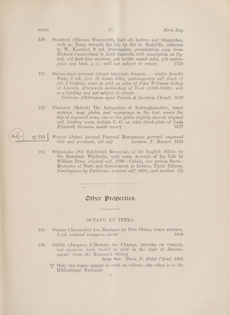 120 = Strafford (Thomas Wentworth, Earl of) Letters and Dispatches, with an Hssay towards his life by Sir G. Radcliffe, collected fichard Cumberland to Lord Sackville with inscription on fly- leaf, old dark blue morocco, gilt border round sides, gilt centre- piece and back, g.e.; sold not subject to return L739 121 Suidas nunc primum integer latinitate donatus ... studio Aemilii Porti, 2 vol. (vol. LL wants title), contemporary calf (back of vol. I broken), arms in gold on sides of John Williams bishop of Lincoln, afterwards archbishop of York (1582-1650); sold as a binding and not subject to return Colomae Allobrogum apud Petrum &amp; Iacobum Chouet, 1619 122. Thoroton (Robert) The Antiquities of Nottinghamshire, FIRST EDITION, map, plates, and engravings in the text, wants the slip of engraved arms, one or two plates slightly shaved, original calf, binding worn, initials E. G. on sides (book-plate of Lady Elisabeth Germain inside cover) 1677 Weever (John) Ancient Funerall Monuments portrait, engraved title and woodcuts, old calf London, T. Harper, 1631 124 Whitelocke (Sir Bulstrode) Memorials of the English Affairs by Sir Bulstrode Whitlocke, with some Account of his Life by William Penn, original calf, 1709—Cabala, sive scrinia Sacra : Mysteries of State and Government in Letters, Third Edition, frontispreces by Faithorne, original calf, 1691 ; and another (3)  Otber Properties. OCTAVO ET INFRA. 125 Dumas (Alexandre) Les Mariages du Pére Olifus, FIRST EDITION, 5 vol. original wrappers, uncut 1849 126 Delille (Jacques) L’Homme des Champs, PRINTED ON VELLUM, red morocco, back tooled in gold wm the style of Derome, uncut; from the Renouard library large 8vo. Paris, P. Didot VAwmé, 1805 ** Only two copies appear to exist on vellum—the other is in the Bibliothéque Nationale Gg