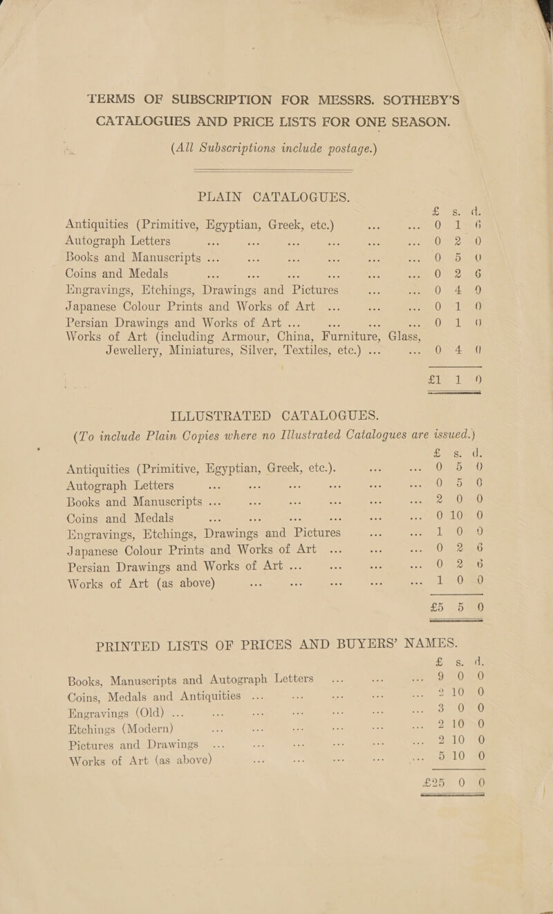 TERMS OF SUBSCRIPTION FOR MESSRS. SOTHEBY’S CATALOGUES AND PRICE LISTS FOR ONE SEASON. (All Subscriptions include postage.)   PLAIN CATALOGUES. Antiquities (Primitive, Bee Greek, etc.) Autograph Letters i ie : Books and Manuscripts ... Coins and Medals Re Le ee Iuingravings, Etchings, sneha: and Pictures Japanese Colour Prints and Works of Art Persian Drawings and Works of Art . Works of Art (including Armour, China, Furniture, | Glass, Jewellery, Miniatures, Silver, Textiles, etc.) . Seo So 1OseoneS 20.3 a et RUN cr OO or i) Slee 1, Me) ILLUSTRATED CATALOGUES. (To include Plain Copies where no Illustrated Catalogues are issued.) Sse (C2 Antiquities (Primitive, pie Greek, ain eS f Autograph Letters me ba Nesp 33 Books and Manuscripts ... PSI Coins and Medals ee Osi Gas 6 Engravings, Etchings, Denes and icine Ls SO eat) Japanese Colour Prints and Works of Art 0 . 2556 Persian Drawings and Works of Art ... er Xe Works of Art (as above) 1° OSSD £5 &gt;to PRINTED LISTS OF PRICES AND BUYERS’ NAMES. GR Books, Manuscripts and Autograph Letters... i we 2 OS O80) Coins, Medals and Antiquities ae 214) ae Engravings (Old) ... 3.) ee Etchings (Modern) 2 108 Pictures and Drawings Die 1. ae Works of Art (as above) Sy LO wy t bo on So a) 