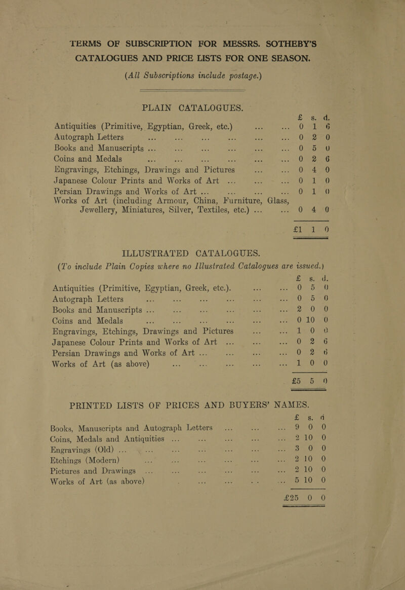 TERMS OF SUBSCRIPTION FOR MESSRS. SOTHEBY’S CATALOGUES AND PRICE LISTS FOR ONE SEASON. (All Subscriptions include postage.)   PLAIN CATALOGUES. Antiquities (Primitive, Re Greek, sac Autograph Letters : seh Books and Manuscripts ... Coins and Medals Iingravings, Etchings, Drawings Poni oPiesree Japanese Colour Prints and Works of Art Persian Drawings and Works of Art . Works of Art (including Armour, China, Furniture, Glass, Jewellery, Miniatures, Silver, Textiles, etc.) . ao) fam fan NT we onl an BE col Or me Re BP A or aH F ssc oaocooafF © &gt; = Lal ae) ILLUSTRATED CATALOGUES. (To include Plain Copies where no Illustrated Catalogues are tssued.) d. ) mM Antiquities (Primitive, Egyptian, Greek, etc.). Autograph Letters 8 An Pre Books and Manuscripts .. Coins and Medals Iingravings, Etchings, Trane and ebicrures Japanese Colour Prints and Works of Art Persian Drawings and Works of Art .. Works of Art (as above) HB OoOorHowdo°orwh Sao eo Core tor Sr rad) th or or PRINTED LISTS OF PRICES AND BUYERS’ NAMES. poe my Pe) Books, Manuscripts and Autograph Letters 9 -0r -0 Coins, Medals and Antiquities PPI Re SE Engravings (Old) ... 35. 0-° 0 Etchings (Modern) 2a) Pictures and Drawings al) tl Gr 10-5 4) Works of Art (as above) t» |} bO On = con) 