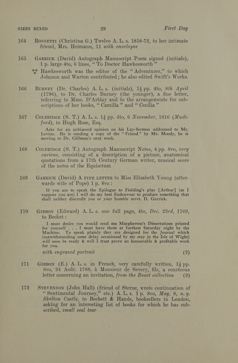 164 Rosserrr (Christina G.) Twelve A. L. s. 1858-72, to her intimate friend, Mrs. Heimann, 11 with envelopes 165 Garrick (David) Autograph Manuscript Poem signed (initials), 1 p. large 4to, 6 lines, “ To Doctor Hawkesworth ” ** Hawkesworth was the editor of the “ Adventurer,” to which Johnson and Warton contributed ; he also edited Swift’s Works. 166 Burney (Dr. Charles) A. L.s. (initials), 1$ pp. 4to, 8th April (1796), to Dr. Charles Burney (the younger), a fine letter, referring to Mme. D’Arblay and to the arrangements for sub- scriptions of her books, “ Camilla” and “ Cecilia ” 16% CoxertpeGr (S. T.) A. L.s. 13 pp. 4to, 6 November, 1816 (Mudi- ford), to Hugh Rose, Esq. Asks for an unbiassed opinion on his Lay-Sermon addressed to Mr. Levine. He is sending a copy of the “Friend” by Mr. Moody, he is moving to Dr. Gillman’s next week. 168 CoLertpGe (S. T.) Autograph Manuscript Notes, 4 pp. 8vo, very curious, consisting of a description of a picture, anatomical quotations from a 17th Century German writer, musical score of the notes of the Equisetum 169 Garrick (David) A FINE LETTER to Miss Elizabeth Young (after- wards wife of Pope) 1 p. 8vo: If you are to speak the Epilogue to Fielding’s play [Arthur] (as I suppose you are) I will do my best Endeavour to produce something that shall neither discredit you or your humble servt. D. Garrick. 170 Grppon (Edward) A.L.s. one full page, 4to, Dec. 23rd, 1769, to Becket : I must desire you would send ma Macpherson’s Dissertations printed for yourself . . . I must have them at furthest Saturday night by the Machine. To speak plainly they are designed for the Journal which (notwithstanding some delay occasioned by my stay in the Isle of Wight) will soon be ready &amp; will I trust prove an honourable &amp; profitable work for you. with engraved portrait (2) 171 Gipson (E.) A.L.s. in French, very carefully written, 14 pp. 8vo, 24 Aotit. 1788, 4 Monsieur de Severy, fils, a courteous letter concerning an invitation, from the Bovet collection (2) 172 SrevEenNson (John Hall) (friend of Sterne, wrote continuation of “Sentimental Journey,” etc.) A.L.s. 1p. 8vo, May, 8, n. y. Skelton Castle, to Beckett &amp; Hands, booksellers in London, asking for an interesting list of books for which he has sub- scribed, small seal tear