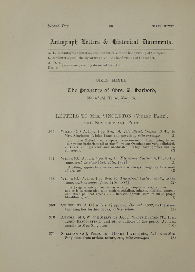 Autograph Letters &amp; Historical Documents.  A. L. s.=autograph letter signec, one entirely in the handwriting of the signer. L. s.=letter signed, the signature only in the handwriting of the sender. AMD is i =as above, reading document for letter. Doe. s. J  SIZES MIXED The Property of Mrs. S. barbovrod, Mousehold House, Norwich. LETTERS TO Mrs. SINGLETON (VioLEt Fane), THE NOVELIST AND POET 366 Witpr (O.) A.L.s. 4 pp. 8vo, 16, Tite Street, Chelsea, S.W., to Mrs. Singleton | Violet I'ane, the novelist], with envelope (2) . The Oxford theatre opens to-morrow—and I am going to see “our young barbarians all at play ’”—young Oxonians are very delightrul, so Greek and graceful and uneducated. They have profiles but no philosophy. (2) 367 Wiupr(O.) A. L.s. 3 pp. Svo, 16, 7vte Street, Chelsea, S.W., to the same, with envelope | Oct. 24th, 1x87 | (2) Anything approaching an explanation is always derogatory to a work of art, etc, (2) 368 Wipe (0.) A. L.s. 4 pp. 8vo, 16, Zite Street, Chelsea, S.W., to the same, with envelope | Nuv. 14th, 1887] (2) Its [vegetarianism] connection with philosophy is very curious... and so is its connection with modern socialism, atheism, nihilism, anarchy and other political creeds . . . Brussels Sprouts seem to make people bloodthirsty, etc. (2) 369 Swinpurne (A. C.) A. L.s. 14 pp. 8vo, Dec. 5th, 1882, to the same, thanking her for her books, with envelope (2) 370 ARNOLD (M.), Wuytre MELVILLE (G.J.), Watts-DunTon (‘I’.) 1. s., LorD BEACONSFIELD, and other authors of the pericd, A. I. s., mostly to Mrs. Singleton (10) 371 Suuxivan (A.), PeLEGRini, HENry IRvING, etc., A. L.s. to Mrs. Singleton, from artists, actors, etc., with envelopes (8)