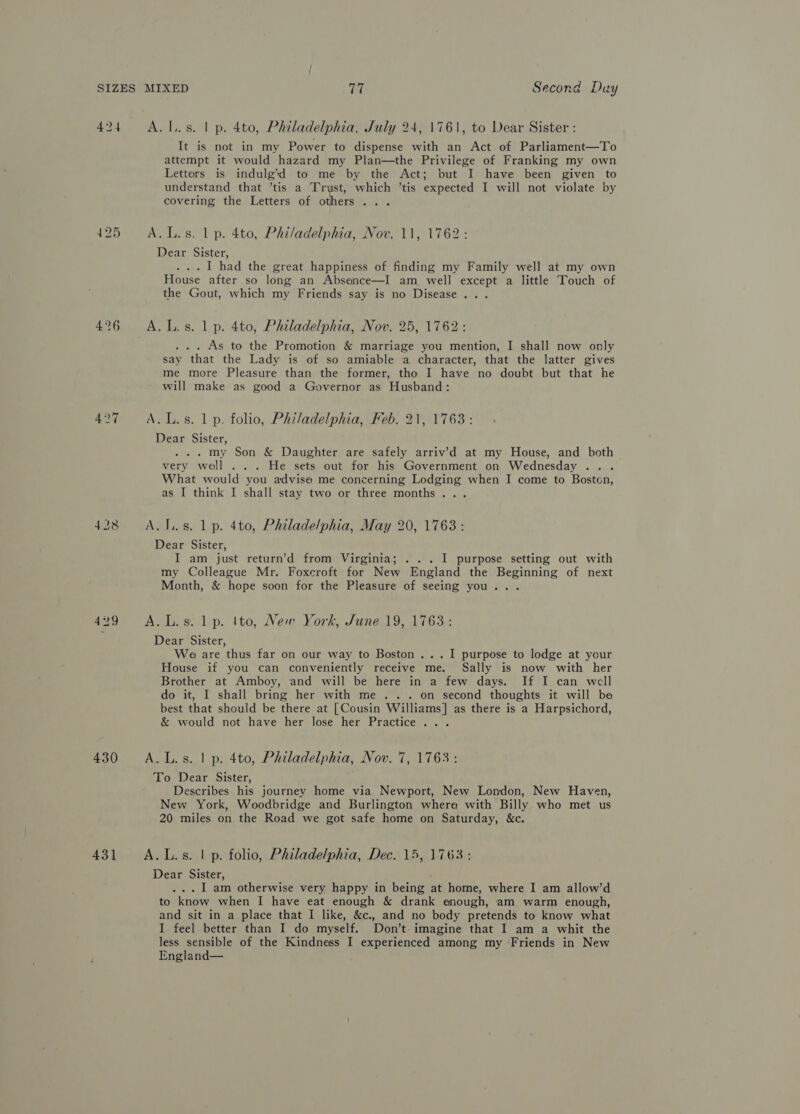 424 426 427 428 430 431 It is not in my Power to dispense with an Act of Parliament—To attempt it would hazard my Plan—the Privilege of Franking my own Letters is indulg’d to me by the Act; but I have been given to understand that ’tis a Trust, which ’tis expected I will not violate by covering the Letters of others ... Dear Sister, ...I1 had the great happiness of finding my Family well at my own House after so long an Absence—I am well except a little Touch of the Gout, which my Friends say is no Disease... ... As to the Promotion &amp; marriage you mention, I shall now only say that the Lady is of so amiable a character, that the latter gives me more Pleasure than the former, tho I have no doubt but that he will make as good a Governor as Husband: Dear Sister, . my Son &amp; Daughter are safely arriv’d at my House, and both very well ... He sets out for his Government on Wednesday . What would you advise me concerning Lodging when I come to Bostcn, as I think I shall stay two or three months... Dear Sister, I am just return’d from Virginia; . .. I purpose setting out with my Colleague Mr. Foxcroft for New England the Beginning of next Month, &amp; hope soon for the Pleasure of seeing you... Dear Sister, We are thus far on our way to Boston... I purpose to lodge at your House if you can conveniently receive me. Sally is now with her Brother at Amboy, and will be here in a few days. If I can well do it, I shall bring her with me ... on second thoughts it will be best that should be there at [Cousin Williams] as there is a Harpsichord, &amp; would not have her lose her Practice... To Dear Sister, Describes his journey home via Newport, New London, New Haven, New York, Woodbridge and Burlington where with Billy who met us 20 miles on the Road we got safe home on Saturday, &amp;c. Dear Sister, , ... 1 am otherwise very happy in being at home, where I am allow’d to know when I have eat enough &amp; drank enough, am warm enough, and sit in a place that I like, &amp;c., and no body pretends to know what I feel better than I do myself. Don’t imagine that I am a whit the less sensible of the Kindness I experienced among my Friends in New England—