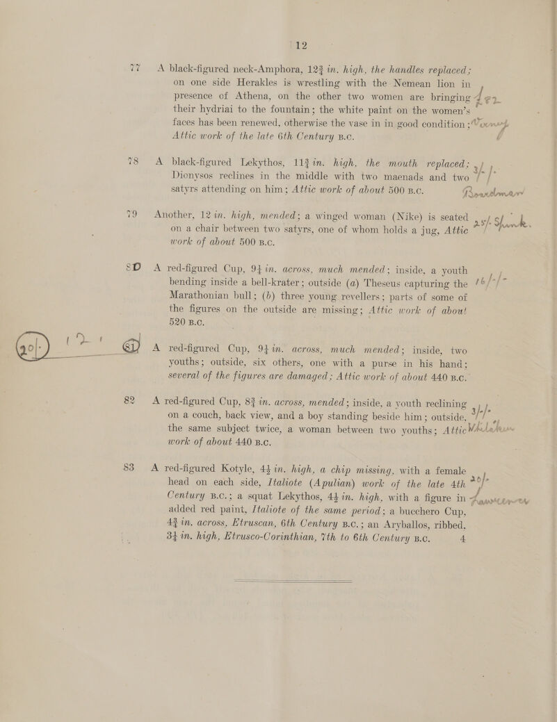 —~2 ~2 on one side Herakles is wrestling with the Nemean lion in their hydriai to the fountain; the white paint on the women’s Attic work of the late 6th Century B.c. black-figured Lekythos, 11$in. high, the mouth replaced; on a chair between two satyrs, one of whom holds a jug, Attic work of about 500 B.c. bending inside a bell-krater ; outside (a) Theseus capturing the Marathonian bull; (6) three young revellers; parts of some of the figures on the outside are missing; Attic work of about 520 B.C. red-figured Cup, 94%n. across, much mended; inside, two youths; outside, six others, one with a purse in his hand; several of the figures are damaged ; Attic work of about 440 B.c. on a couch, back view, and a boy standing beside him; outside, 3/-/- work of about 440 B.c. head on each side, Itahiote (Apulian) work of the late Ath * Century B.c.; a squat Lekythos, 44 in. high, with a figure in - added red asad, Italiote of the same period: a bucchero cao 43 im. across, Etruscan, 6th Century B.c.; an Aryballos, ribbed, 34m. high, Etrusco-Corinthian, Vth to bth Century B.C. t  