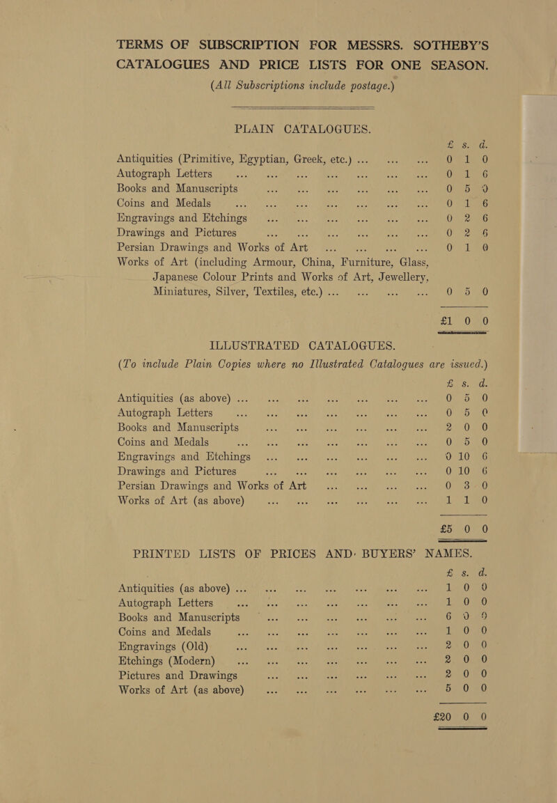 TERMS OF SUBSCRIPTION FOR MESSRS. SOTHEBY’S CATALOGUES AND PRICE LISTS FOR ONE SEASON. (All Subscriptions include postage.)   PLAIN CATALOGUES. Be SiaUs Antiquities (Primitive, fey Greek, te eR, Autograph Letters Ss He Books and Manuscripts Oy 55 ae Coins and Medals et te |: Iingravings and Htchings DOG Drawings and Pictures erie Persian Drawings and Works of a Pr 1G Works of Art (including Armour, China, Ravnieires Ghee Japanese Colour Prints and Works of Art, Jewellery, Miniatures, Silver, Vextilessrete:) is.) een nse en fk) -Oga0 ILLUSTRATED CATALOGUES. (To include Plain Copies where no Illustrated Catalogues are issued.) eS nC: Antiquities (as above) ... Oe uno Autograph Letters 0 85 gue Books and Manuscripts oO ae Coins and Medals Qin aa Engravings and Htchings Je LOG Drawings and Pictures OLO Ris Persian Drawings and Works of hee OF 3 aw Works of Art (as above) eae £5 0 0 PRINTED LISTS OF PRICES AND: BUYERS’ NAMES. sah ey) Antiquities (as above) ... LO Autograph Letters Pret tion |, Books and Manuscripts Ge 70. ae Coins and Medals AWB UL Ut Engravings (Old) AV ct Etchings (Modern) 2 0 0 Pictures and Drawings A okt by OTE SD Works of Art (as above) £20 0 0