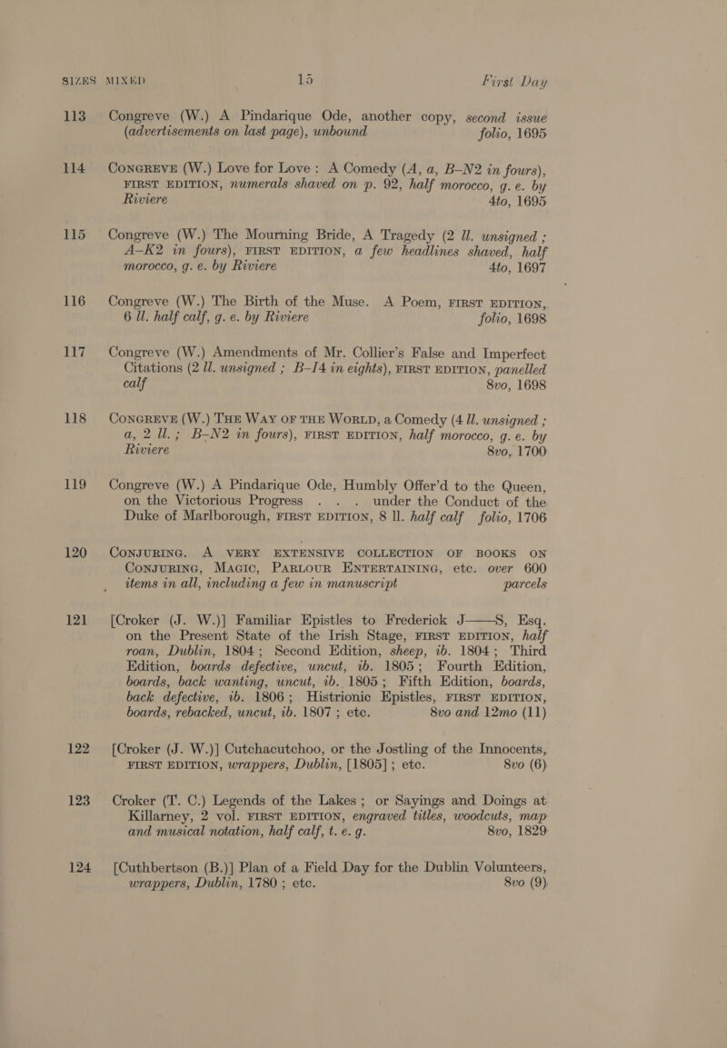 SIZES 113 114 115 116 117 118 119 120 12] 122 123 124 MIXED 15 First Day Congreve (W.) A Pindarique Ode, another copy, second issue (advertisements on last page), unbound folio, 1695 ConGREVE (W.) Love for Love : A Comedy (A, a, B-N2 in fours), FIRST EDITION, numerals shaved on p. 92, half morocco, g. e. by Riviere 4to, 1695 Congreve (W.) The Mourning Bride, A Tragedy (2 Il. unsigned ; A-K2 in fours), FIRST EDITION, a few headlines shaved, half morocco, g. e. by Riviere 4to, 1697 Congreve (W.) The Birth of the Muse. A Poem, First EDITION, 6 ll. half calf, g. e. by Riviere folio, 1698 Congreve (W.) Amendments of Mr. Collier’s False and Imperfect Citations (2 ll. unsigned ; B—I4 in eights), FIRST EDITION, panelled calf 8vo, 1698 ConGREVE (W.) THE Way OF THE WoRLD, a Comedy (4 Il. unsigned ; a, 2 Wl. ; B-N2 wm fours), FIRST EDITION, half morocco, g.e. by Riviere 8vo, 1700 Congreve (W.) A Pindarique Ode, Humbly Offer’d to the Queen, on the Victorious Progress . . . under the Conduct of the Duke of Marlborough, FIRST EDITION, 8 ll. half calf folio, 1706 CoNJURING. A VERY EXTENSIVE COLLECTION OF BOOKS ON ConsguRING, Magic, ParLourR ENTERTAINING, etc. over 600 items in all, including a few in manuscript parcels [Croker (J. W.)] Familiar Epistles to Frederick J——S, Esq. on the Present State of the Irish Stage, First EDITION, half roan, Dublin, 1804; Second Edition, sheep, 1b. 1804; Third Edition, boards defective, uncut, ib. 1805; Fourth Edition, boards, back wanting, uncut, 1b. 1805; Fifth Edition, boards, back defective, ib. 1806; Histrionic Epistles, FIRST EDITION, boards, rebacked, uncut, 1b. 1807 ; etc. 8vo and 12mo (11) [Croker (J. W.)] Cutchacutchoo, or the Jostling of the Innocents, FIRST EDITION, wrappers, Dublin, [1805] ; etc. 8vo (6) Croker (T. C.) Legends of the Lakes ; or Sayings and Doings at Killarney, 2 vol. FIRST EDITION, engraved titles, woodcuts, map and musical notation, half calf, t. e. g. 8vo, 1829 [Cuthbertson (B.)] Plan of a Field Day for the Dublin Volunteers, wrappers, Dublin, 1780 ; etc. 8vo (9)