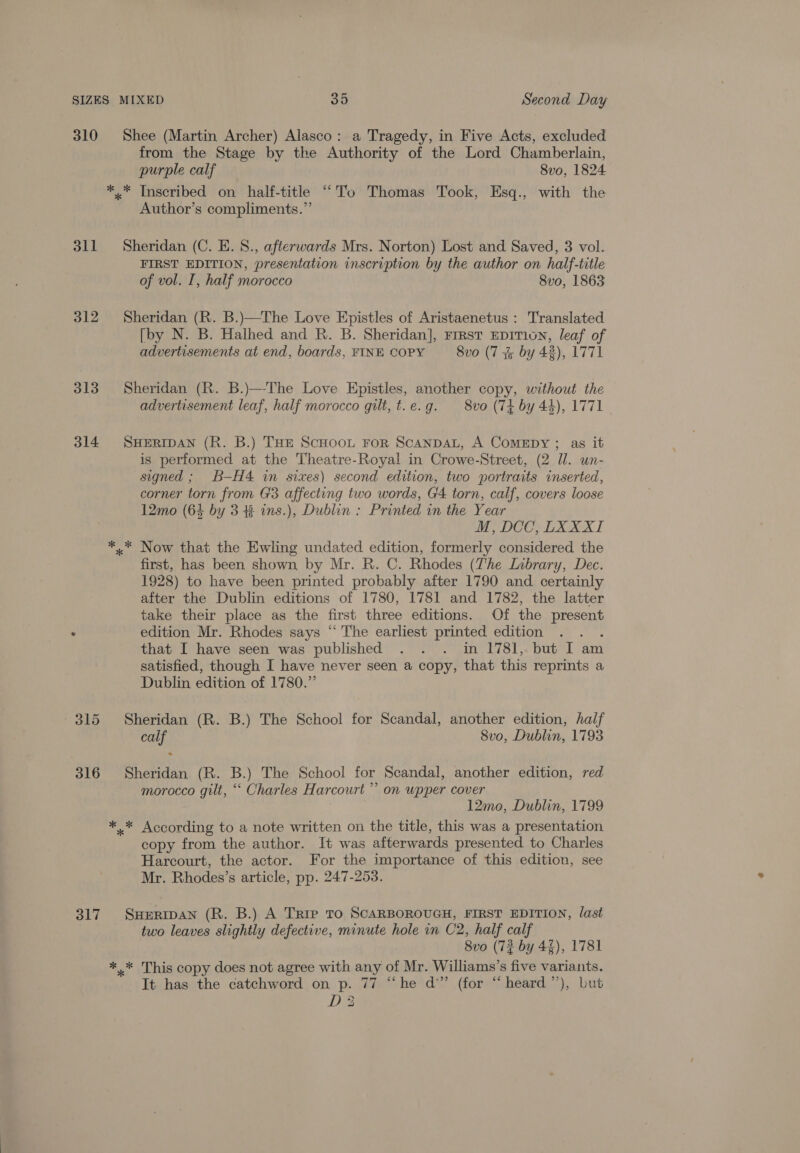 310 Shee (Martin Archer) Alasco: a Tragedy, in Five Acts, excluded from the Stage by the Authority of the Lord Chamberlain, purple calf 8vo, 1824 ** Inscribed on half-title “To Thomas Took, Esq., with the Author’s compliments.”’ 311 Sheridan (C. E.S., afterwards Mrs. Norton) Lost and Saved, 3 vol. FIRST EDITION, presentation inscription by the author on half-title of vol. I, half morocco 8vo, 1863 312 Sheridan (R. B.)—The Love Epistles of Aristaenetus : Translated [by N. B. Halhed and R. B. Sheridan], Frrst EprTion, leaf of advertisements at end, boards, FINE COPY 8vo (7 3% by 42), 1771 313 Sheridan (R. B.)—The Love Epistles, another copy, without the advertisement leaf, half morocco gilt, t.e.g. 8vo (74 by 44), 1771 314 SHERIDAN (R. B.) THe ScHoon FoR ScanpDAL, A ComeEpy ; as it is performed at the Theatre-Royal in Crowe-Street, (2 WU. un- signed ; B-H4 in sixes) second edition, two portraits inserted, corner torn from G3 affecting two words, G4 torn, calf, covers loose 12mo (64 by 3 % ins.), Dublin : Printed in the Year M, DCC, LXXXI ** Now that the Ewling undated edition, formerly considered the first, has been shown by Mr. R. C. Rhodes (The Library, Dec. 1928) to have been printed probably after 1790 and certainly after the Dublin editions of 1780, 1781 and 1782, the latter take their place as the first three editions. Of the present ° edition Mr. Rhodes says “ The earliest printed edition ‘ that I have seen was published . . . in 1781,. but I am satisfied, though I have never seen a copy, that this reprints a Dublin edition of 1780.” 315 Sheridan (R. B.) The School for Scandal, another edition, half calf 8vo, Dublin, 1793 316 Sheridan (R. B.) The School for Scandal, another edition, red morocco gilt, “‘ Charles Harcourt’ on wpper cover 12mo, Dublin, 1799 *.* According to a note written on the title, this was a presentation copy from the author. It was afterwards presented to Charles Harcourt, the actor. For the importance of this edition, see Mr. Rhodes’s article, pp. 247-253. 317 Sueripan (R. B.) A Trip TO SCARBOROUGH, FIRST EDITION, last two leaves slightly defective, minute hole in C2, half calf 8vo (72 by 42), 1781 ** This copy does not agree with any of Mr. Williams’s five variants. It has the catchword on p. 77 “‘he d°” (for “ heard ’’), but D 3