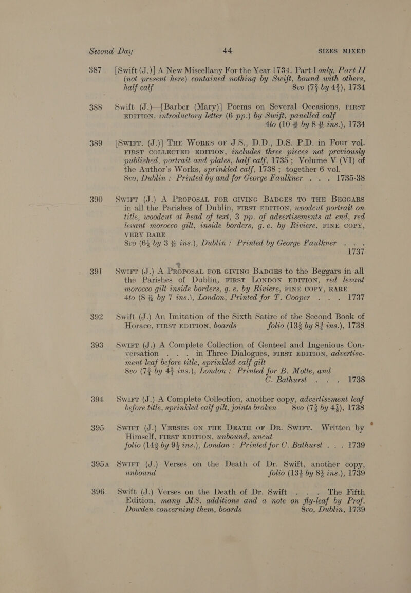 387 388 389 390 391 393 394. 395 395A 396 [Swift (J.)] A New Miscellany For the Year 1734. Part I only, Part 1 (not present here) contained nothing by Swift, bound with others, half calf 8vo (73 by 42), 1734 Swift (J.)}—[Barber (Mary)] Poems on Several Occasions, FIRST EDITION, introductory letter (6 pp.) by Swift, panelled calf Ato (10 8 by 8 # ins.), 1734 [Swirt, (J.)] THe Works oF J.8., D.D., D.S. P.D. in Four vol. FIRST COLLECTED EDITION, includes three pieces not previously published, portrait and plates, half calf, 1735 ; Volume V (VI) of the Author’s Works, sprinkled calf, 1738 ; together 6 vol. 8v0, Dublin : Printed by and for George Faulkner . . . 1735-38 Swirt (J.) A PROPOSAL FOR GIVING BADGES TO THE BEGGARS in all the Parishes of Dublin, FIRST EDITION, woodcut portratt on title, woodcut at head of text, 3 pp. of advertisements at end, red levant morocco gilt, inside borders, g.e. by Riviere, FINE COPY, VERY RARE Svo (64 by 3B ins.), Dublin : Printed by George Faulkner ave LST Swirt (J.) A PRoposaL FOR GIvING BapGeEs to the Beggars in all the Parishes of Dublin, First LONDON EDITION, red levant morocco gilt inside borders, g.e. by Riviere, FINE COPY, RARE Ato (8 # by 7 ins.), London, Printed for T. Cooper . . . 1737 Swift (J.) An Imitation of the Sixth Satire of the Second Book of Horace, FIRST EDITION, boards folio (133 by 8? ins.), 1738 Swirt (J.) A Complete Collection of Genteel and Ingenious Con- versation . . . in Three Dialogues, FIRST EDITION, advertise- ment leaf before title, sprinkled calf gilt Svo (72 by 43 ins.), London: Printed for B. Motte, and , Ca Bathurst; ean Nios Swirt (J.) A Complete Collection, another copy, advertisement leaf before title, sprinkled calf gilt, joints broken _— 8vo (73 by 44), 1738 Swirt (J.) VERSES ON THE DeEatTH oF Dr. Swirr. Written by ; Himself, FIRST EDITION, unbound, uncut folio (142 by 94 ins.), London : Printed for C. Bathurst . . . 1739 Swirt (J.) Verses on the Death of Dr. Swift, another copy, unbound folio (134 by 83 ins.), 1739 Swift (J.) Verses on the Death of Dr. Swift . . . The Fifth Edition, many MS. additions and a note on fly-leaf by Prof. Dowden concerning them, boards 8vo, Dublin, 1739