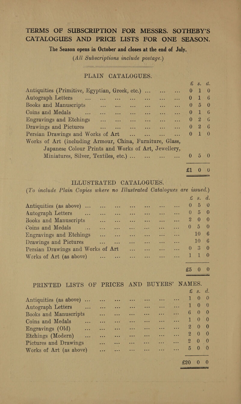 TERMS OF SUBSCRIPTION FOR MESSRS. SOTHEBY’S CATALOGUES AND PRICE LISTS FOR ONE SEASON. The Season opens in October and closes at the end of July. (All Subscriptions include postage.)   PLAIN CATALOGUES. my eae P Antiquities (Primitive, Egyptian, Greek, etc.) ... Btesp Svat 6 Autograph Letters Mates Aen Oger u Books and Manuscripts TRL Coins and Medals Olgleene Kngravings and HKtchings ae Drawings and Pictures O° 2°36 Persian Drawings and Works of Ave Oo Ea Works of Art (including Armour, China, Riri, (ide. Japanese Colour Prints and Works of Art, Jew ce Miniatures, Silver, Textiles, etc.) .. Ue SAR Ra SUN O78 ILLUSTRATED CATALOGUES. | (l'o include Plain Copies where no Illustrated Catalogues are issued.) ) Bie Sins Antiquities’ (as above) js tint elaine ieeh |) Caen tare a rn Autograph Letters ee | Lntos eu Books and Manuscripts PME 8 Coins and Medals ON Sake Engravings and Htchings 1035 Drawings and Pictures 10 6 Persian Drawings and Works of ne Ode Works of Art (as above) Pra Mest ra PRINTED LISTS OF PRICES AND BUYERS’ NAMES. “c oy . Antiquities (as above) ... 1 Autograph Letters 1 Books and Manuscripts TTC MEIER EGS iPM ae Coins and Medals Hy RCE PUES EMSA EU RES OMeS iain Aine. Engravings (Old) IRIN Say) Ds ree a ee Etchings (Modern) 2 Pictures and Drawings cea! A) (en's Oy ina eek Works of Art (as above) RAEN ONS UR NEI Mg te! oR ee ATED eh ead pe a ye ee So Soe =