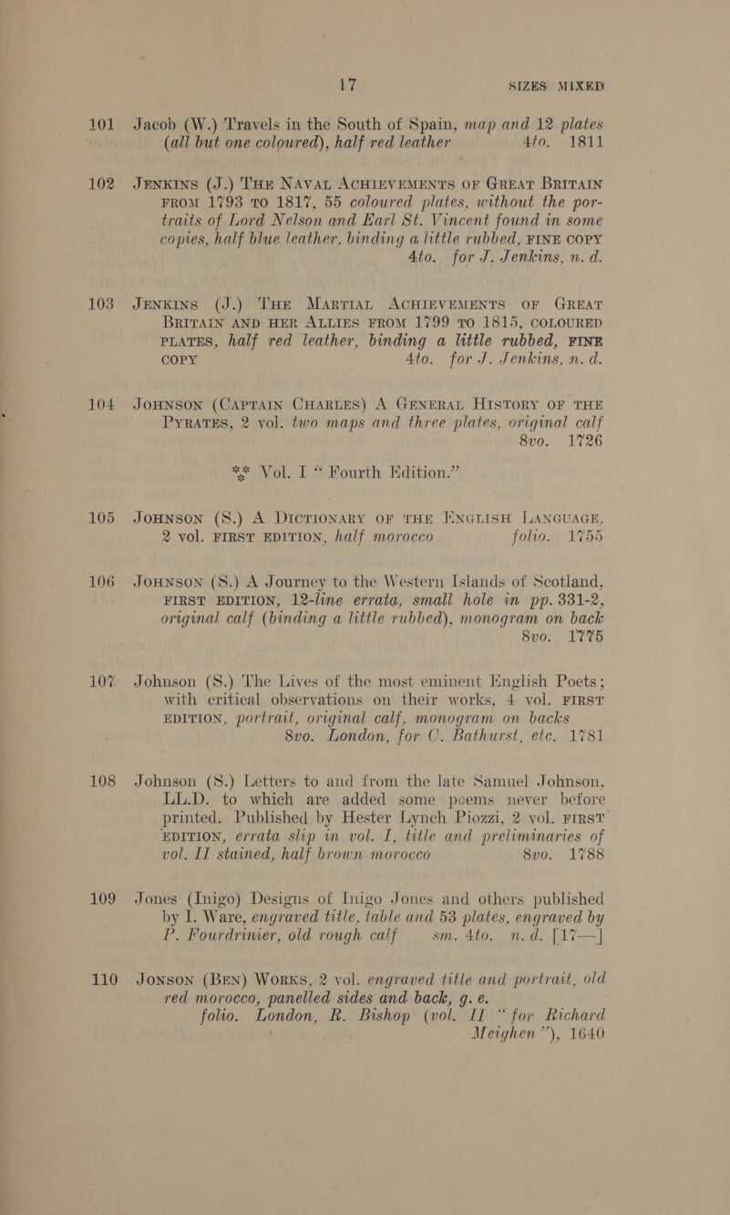 103 104 105 106 108 109 110 17 SIZES MIXED Jacob (W.) 'T'ravels in the South of Spain, map and 12 plates (all but one coloured), half red leather 4to. 1811 JENKINS (J.) THE NAvAt ACHIEVEMENTS OF GREAT BRITAIN FROM 1793 TO 1817, 55 coloured plates, without the por- traits of Lord Nelson and Earl St. Vincent found in some copies, half blue leather, binding a little rubbed, FINE COPY Ato. for J. Jenkins, n. d. JENKINS (J.) THE MarrtaL ACHIEVEMENTS OF GREAT BRITAIN AND HER ALLIES FROM 1799 To 1815, COLOURED PLATES, half red leather, binding a little rubbed, FINE COPY Ato. for J. Jenkins, n. d. JOHNSON (CAPTAIN CHARLES) A GENERAL HISTORY OF THE PyrATES, 2 vol. two maps and three plates, original calf 8v0. 1726 *#* Vol. I “ Fourth Edition.” JOHNSON (S.) A DicTioNARY OF THE ENGLISH LANGUAGE, 2 vol. FIRST EDITION, half morocco folio. 1%55 JOHNSON (S.) A Journey to the Western Islands of Scotland, FIRST EDITION, 12-line errata, small hole in pp. 331-2, original calf (binding a little rubbed), monogram on back 8vo. 1775 Johnson (S.) The Lives of the most eminent English Poets; with critical observations on their works, 4 vol. FIRST EDITION, portrart, original calf, monogram on backs 8vo. London, for C. Bathurst, etc. 1781 Johnson (8.) Letters to and from the late Samuel Johnson, LL.D. to which are added some poems never before printed. Published by Hester Lynch Piozzi, 2 vol. First EDITION, errata slip wm vol. I, title and preliminaries of vol. IL stained, half brown morocco 8vo. 1788 Jones (Inigo) Designs of Inigo Jones and others published by I. Ware, engraved title, table and 53 plates, engraved by P. Fourdrimer, old rough calf sm. 4to. n.d. [17—] Jonson (BEN) Works, 2 vol. engraved title and portrait, old red morocco, panelled sides and back, gq. e. folio. London, R. Bishop (vol. II “ for Richard | Meighen”’), 1640