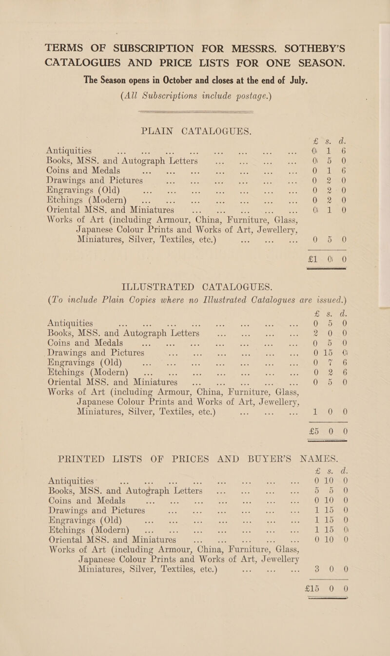 TERMS OF SUBSCRIPTION FOR MESSRS. SOTHEBY’S CATALOGUES AND PRICE LISTS FOR ONE SEASON. The Season opens in October and closes at the end of July. (All Subscriptions include postage.)  PLAIN CATALOGUES. Z£os. d. Antiquities Se i ey Peer es ae he Books, MSS. and Autograph 1 Letters Set! oe a Coins and Medals ae Op aise Drawings and Pictures Pe Sy ee ie ae ME eh iy tb Kngravings (Old) A ee re errr, AL eS Kitchings (Modern) ieee it Oriental MSS. and Miniatures Op Works of Art (including Armour, China, “Furniture, ‘Glass, Japanese Colour Prints and Works of AT) ewellery Miniatures, Silver, Textiles, etc.) OU ae oly UU ILLUSTRATED CATALOGUES. (To include Plan Copies where no Illustrated Catalogues are issued.) Antiquities $3 DoD Books, MSS. and Autograph I Letters om) Coins and Medals RGMee rok oy- yn my. Ul Drawings and Pictures eda RCG Foe) eee ee ae ee Over: 1 a2 UES Hngravings (Old) Etchings (Modern) : Oriental MSS. and Miniatures Works of Art (including Armour, China, Furniture, “Glass, Japanese Colour Prints and Works of ATL) ewellery, Miniatures, Silver, Textiles, etc.) TSO 8) SDaAAcCCoCOfe  PRINTED LISTS OF PRICES AND BUYER'S NAMES. Antiquities 0 Books, MSS. and Autograph 1 Letters 5 Coins and Medals .. eR Gabe ee hah Drawings and Pictures i ree eA a Boe PbS Hngravings (Old) 1 Kitchings (Modern) 1 Oriental MSS. and Miniatures ; 0 Works of Art (including Armour, China, Furniture, ‘Glass, Japanese Colour Prints and Works of ATE mal ewellery Miniatures, Silver, Textiles, etc.) oe Oe Ua ft = SoC OCOCOef