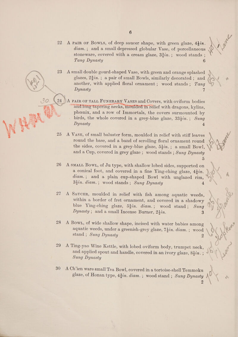 diam. ; and a small depressed globular Vase, of porcellaneous stoneware, covered with a cream glaze, 33in.; wood stands ; Tang Dynasty 6 — 23 Asmall double gourd-shaped Vase, with green and orange splashed © ‘one } another, with applied floral ornament; wood stands; Tang Dynasty 7 30. (4 | A PAIR OF TALL FUNERARY VaSES and Covers, with oviform bodies e a.) 7 “and long tapering necks, moulded in rélief with dragons, kylins, G3 phoenix, and a row of Immortals, the covers surmounted by birds, the whole covered in a grey-blue glaze, 334in.; Sung Dynasty 4  25 <A Vass, of small baluster form, moulded in relief with stiff leaves round the base, and a band of scrolling floral ornament round and a Cup, covered in grey glaze ; wood stands ; Sung Dynasty 5 26 A SMALL Bowt, of Ju type, with shallow lobed sides, supported on 331m. diam. ; wood stands ; Sung Dynasty 4 27 A Savcer, moulded in relief with fish among aquatic weeds, within a border of fret ornament, and covered in a shadowy blue Ying-ching glaze, 58in. diam.; wood stand; Sung Dynasty ; and a small Incense Burner, 2hin. 3 28 A Bow1, of wide shallow shape, incised with water babies among stand ; Sung Dynasty 2 29 A Ting-yao Wine Kettle, with lobed oviform body, trumpet neck, and applied spout and handle, covered in an ivory glaze, 84in. ; Sung Dynasty 30 A Ch’ien ware small Tea Bowl, covered in a tortoise-shell Temmoku glaze, of Honan type, 43in. diam. ; wood stand ; Sung Dynasty 2