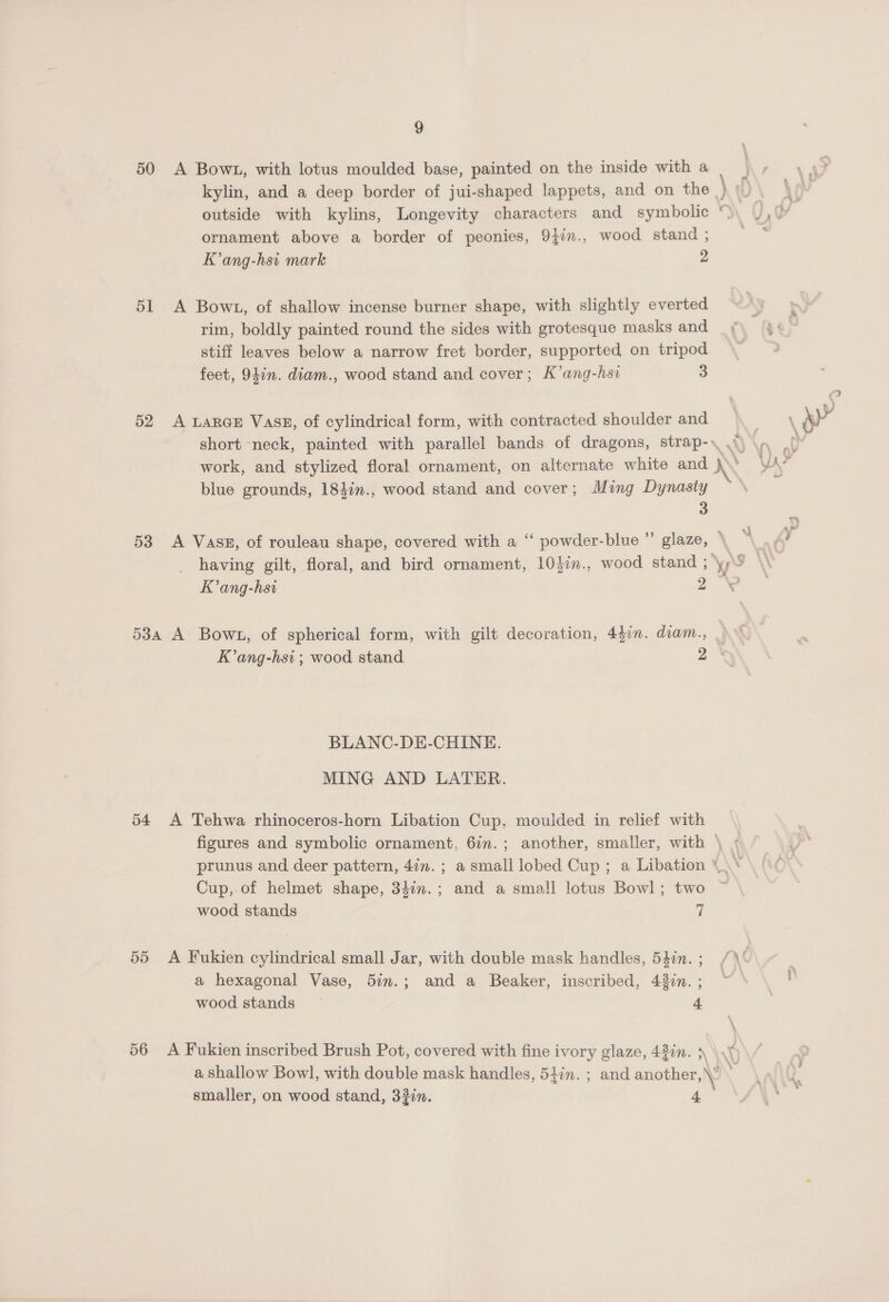 50 <A Bowt, with lotus moulded base, painted on the inside with a kylin, and a deep border of jui-shaped lappets, and on the ) ( \t outside with kylins, Longevity characters and symbolic , J,\ ornament above a border of peonies, 9}in., wood stand ; sea EK’ang-hsi mark 2 51 A Bowt, of shallow incense burner shape, with slightly everted ‘ rim, boldly painted round the sides with grotesque masks and ¢\ 4: stiff leaves below a narrow fret border, supported on tripod feet, 947n. diam., wood stand and cover; K’ang-hsi 3 52 A LARGE Vass, of cylindrical form, with contracted shoulder and \ sy short neck, painted with parallel bands of dragons, strap-. .{) \,\ .( work, and stylized floral ornament, on alternate white and INS A blue grounds, 184in., wood stand and cover; Ming Dynasty 3 53 A Vass, of rouleau shape, covered with a ‘“‘ powder-blue ” glaze, E having gilt, floral, and bird ornament, 10}in., wood stand yy K’ang-hsi 9 53a A Bowt, of spherical form, with gilt decoration, 44in. diam., . K’ang-hsi ; wood stand 2 * BLANC-DE-CHINE. MING AND LATER. 54 A Tehwa rhinoceros-horn Libation Cup, moulded in relief with figures and symbolic ornament, 6in.; another, smaller, with \ + prunus and deer pattern, 47m. ; a small lobed Cup ; a Libation *..‘ Cup, of helmet shape, 34in.; and a small lotus Bowl; two wood stands i 55 <A Fukien cylindrical small Jar, with double mask handles, 54in.; /% ( ; a hexagonal Vase, 5in.; and a Beaker, inscribed, 43in.; ~  wood stands — 4 4 \ A 56 A Fukien inscribed Brush Pot, covered with fine ivory glaze, 43in. }\ \\) a shallow Bowl, with double mask handles, 54in. ; and another, \’ smaller, on wood stand, 33n. 4