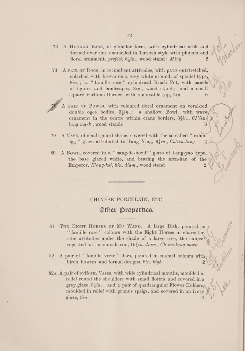 73 A Hooxan Bass, of globular form, with cylindrical neck and |p ./ \ turned over rim, enamelled in Turkish style with phoenix and /\ : a floral ornament, perfect, 84in., wood stand ; Ming 2 Y , 74 A parr oF Dogs, in recumbent attitudes, with paws outstretched, LES with brown on a grey-white ground, of spaniel type, Sin. ; “famille rose’ cylindrical Brush Pot, with panels \ of Soaked and landscapes, 3im., wood stand; and a small square Perfume Burner, with removable top, 2in. 6 a A PAIR OF Bowts, with coloured floral ornament on coral-red 4~~ \__¢ double ogee bodies, 340n.; a shallow Bowl, with wave, y ornament in the centre within crane borders, 33in., Ch’s tens ¥ : vy | lung mark ; wood stands ie en y | 79 A Vasu, of small gourd shape, covered with the so-called ‘ rob ON, egg’ glaze attributed to Tang Ying, 6jin., Ch’ten-lung = 2. >_~ 80 A Bowl, covered in a “ sang-de-beuf”’ glaze of Lang-yao type, \ ¢ the base glazed white, and bearing the nien-hao of the > ‘ Emperor, K’ang-hsi, 8in. diam., wood stand XV \e Nf v CHINESE PORCELAIN, ETC. Other Properties. 81 Tur Eraut Horses or Mu Wane. A large Dish, painted in ; “famille rose’ colours with the Hight Horses in character- L istic attitudes under the shade of a large tree, the ok . repeated on the outside rim, 1530. diam., Ch’ien-lung mark ; 82 <A pair of “famille verte’’ Jars, painted in enamel colours with { é birds, flowers, and formal designs, 8in. high 2 MO 824 A pair of oviform Vases, with wide cylindrical mouths, moulded in relief round the shoulders with small florets, and covered in a, grey glaze, 54in.; and a pair of quadrangular Flower Holders, ‘~~’ YV moulded in relief with prunus sprigs, and covered in an ivory y : ‘7 glaze, 5in. 4 