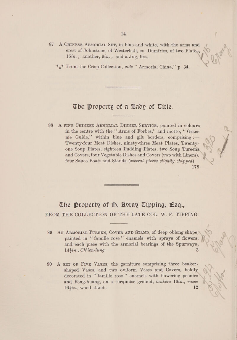 87 A CHINESE ARMORIAL SET, in blue and white, with the arms and | crest of Johnstone, of Westerhall, co. Dumfries, of two Plates, »\ Pr l5en. ; another, 9in.; and a Jug, Yin. Y | ‘ON *,* From the Crisp Collection, vide ‘‘ Armorial China,” p. 34. \ Tbe Property of a Lady of Title. 88 A FINE CHINESE ARMORIAL DINNER SERVICE, painted in colours in the centre with the ‘“‘ Arms of Forbes,”’ and motto, ‘‘ Grace me Guide,’ within blue and gilt borders, comprising:— . ‘> Twenty-four Meat Dishes, ninety-three Meat Plates, Twenty- « \ y one Soup Plates, eighteen Pudding Plates, two Soup Tureens, ~ and Covers, four Vegetable Dishes and Covers (two with Liners), 1 four Sauce Boats and Stands (several pieces slightly chipped) 178  The Property of hb. Avray Cipping, Esq., FROM THE COLLECTION OF THE LATE COL. W. F. TIPPING. 89 An ARMORIAL TUREEN, CoveR AND STAND, of deep oblong shape, \* painted in “‘ famille rose’’ enamels with sprays of flowers, i and each piece with the armorial bearings of the Spurways, — 1441n., Ch’ien-lung 3 90 A set or Five Vaszs, the garniture comprising three beaker- shaped Vases, and two oviform Vases and Covers, boldly decorated in “famille rose’’ enamels with flowering peonies and Feng-huang, on a turquoise ground, beakers 161n., vases Ks 1641n., wood stands 12 XN