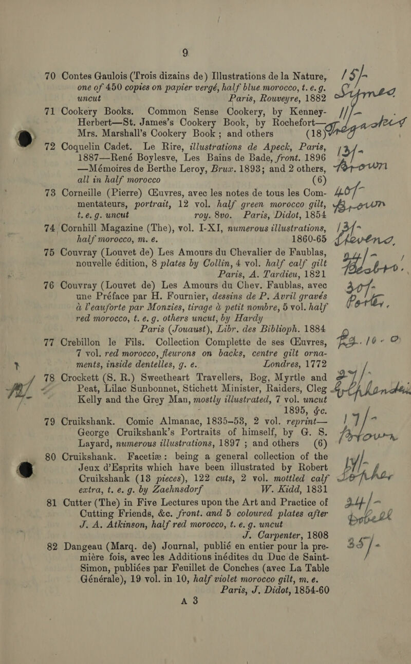 70 Contes Gaulois (‘Trois dizains de) Illustrations de la Nature, i 5) one of 450 copies on papier vergé, half blue morocco, t. e.g. uncut Paris, Rouveyre, 1882 71 Cookery Books. Common Sense Oookery, by Kenney- // - Herbert—St. James’s Cookery Book, by Rochefort— Mrs. Marshall’s Cookery Book ; and others (18) 72 Coquelin Cadet. Le Rire, illustrations de Apeck, Paris, 1887—René Boylesve, Les Bains de Bade, front. 1896 12/- —Mémoires de Berthe Leroy, Brux. 1893; and 2 others, frown all in half morocco (6) 73 Corneille (Pierre) Ciuvres, avec les notes de tous les Com- ho a mentateurs, portrait, 12 vol. half green morocco gilt, By etn t.é.g. uncut roy. 8vo. Paris, Didot, 1854 74 Cornhill Magazine (The), vol. I-XI, numerous illustrations, / { * half morocco, m. é. 1860-65 : 75 Couvray (Louvet de) Les Amours du Chevalier de Faublas, ; f ; nouvelle édition, 8 plates by Collin, 4 vol. half calf gilt Paris, A. Tardieu, 1821 76 Couvray (Louvet de) Les Amours du Chey. Faublas, avec 407- une Préface par H. Fournier, dessins de P. Avril gravés &amp;, 6 +h, a Veauforte par Monzies, tirage &amp; petit nombre, 5 vol. half f red morocco, t.¢.g. others uncut, by Hardy Paris (Jouaust), Libr. des Biblioph. 1884 77 Crebillon le Fils. Collection Complette de ses Ciuvres, fi. 10-2 7 vol. red morocco, fleurons on backs, centre gilt orna- ments, inside dentelles, g. é. Londres, 1772 78 Crockett (S. R.) Sweetheart Travellers, Bog, Myrtle and o | / : “ Peat, Lilac Sunbonnet, Stichett Minister, Raiders, Cleg . Kelly and the Grey Man, mostly illustrated, 7 vol. uncut : (1895, ge. 79 Cruikshank. Comic Almanac, 1835-53, 2 vol. reprint— } 7 ? George Cruikshank’s Portraits of himself, by G. S. OUP, Layard, numerous illustrations, 1897 ; and others (6) 80 Cruikshank. Facetie: being a general collection of the ) Jeux d@’Esprits which have been illustrated by Robert WI Cruikshank (13 pieces), 122 cuts, 2 vol. mottled calf Le phs, extra, t. e.g. by Zaehnsdorf W. Kidd, 1831 81 Cutter (The) in Five Lectures upon the Art and Practice of 24 / - Cutting Friends, &amp;c. front. and 5 coloured plates after ¢ VA ok J. A. Atkinson, half red morocco, t. e.g. uncut ; J. Carpenter, 1808 = 82 Dangeau (Marq. de) Journal, publié en entier pour la pre- 35 i . miére fois, avec les Additions inédites du Duc de Saint- Simon, publiées par Feuillet de Conches (avec La Table Générale), 19 vol. in 10, half violet morocco gilt, m. e. Paris, J, Didot, 1854-60 A 3