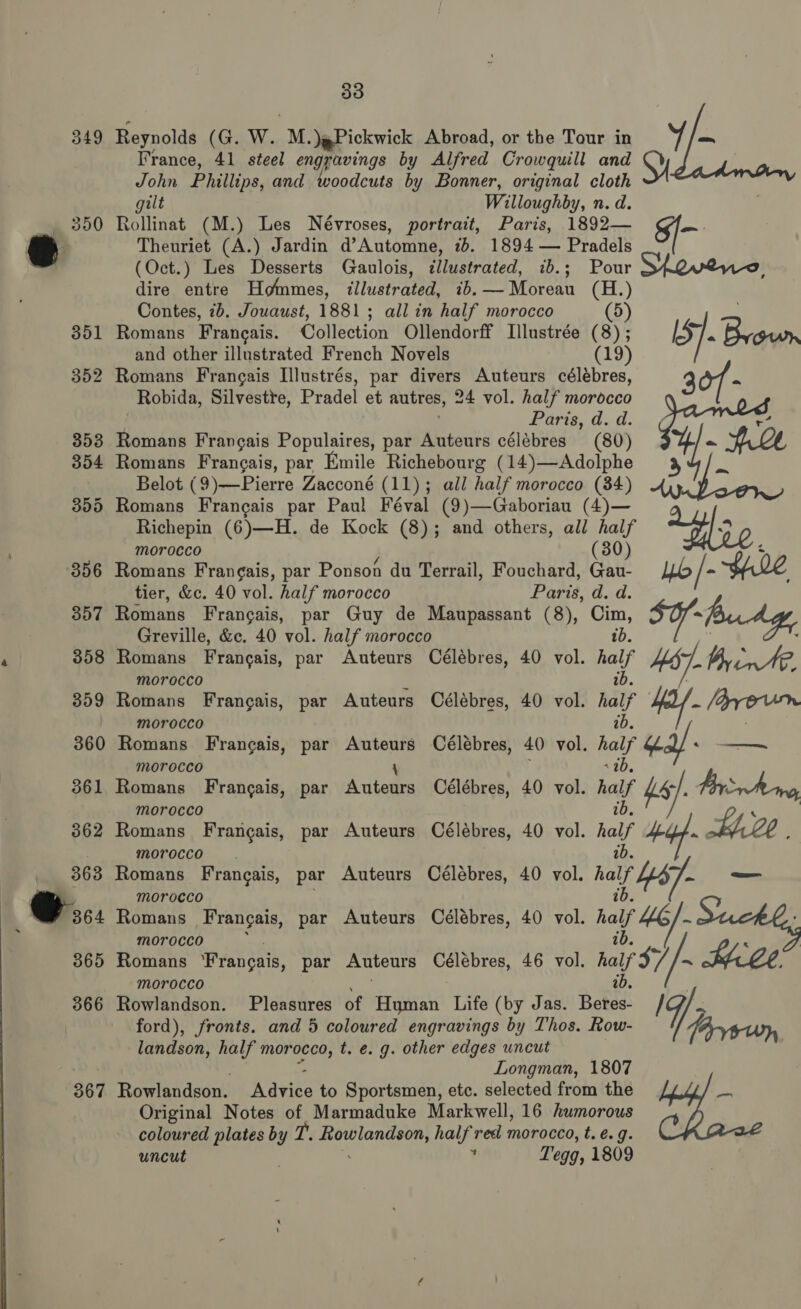 349 350 367 33 Reynolds (G. W. M. )Pickwick Abroad, or the Tour in France, 41 steel engravings by Alfred Crowquill and John Phillips, and woodcuts by Bonner, original cloth gilt Willoughby, n.d. Rollinat (M.) Les Névroses, portrait, Paris, 1892— Theuriet (A.) Jardin d’Automne, 26. 1894 — Pradels (Oct.) Les Desserts Gaulois, ¢llustrated, 7b.; Pour dire entre Hommes, illustrated, ib. — Moreau (H.) Contes, 7b. Jowaust, 1881; all in half morocco (5) Romans Francais. Collection Ollendorff Illustrée (8) ; and other illustrated French Novels (19) Romans Frangais Illustrés, par divers Auteurs célébres, Robida, Silvestre, Pradel et autres, 24 vol. half morocco arta. ad. Romans Frangais Populaires, par Auteurs célebres (80) Romans Frangais, par Emile Richebourg (14)—Adolphe Belot (9)—FPierre Zacconé (11); all half morocco (34) morocco ; (30) Romans Frangais, par Ponson du Terrail, Fouchard, Gau- tier, &amp;c. 40 vol. half morocco Paris, d. d. Romans Frangais, par Guy de Maupassant (8), Cim, Greville, &amp;c. 40 vol. half morocco tb. Romans Francais, par Auteurs Célebres, 40 vol. half 467 By cre. morocco 1b. Romans Frangais, par Auteurs Célébres, 40 vol. half if Haro morocco ib. Romans Francais, par Auteurs Célébres, 40 vol. half 4a/ _— morocco { 20, Romans Francais, par Auteurs Célébres, 40 vol. half 46} Pr rh-ing morocco ib, . | Romans Frangais, par Auteurs Célébres, 40 vol. half 444} He é morocco ab. Romans Francais, par Auteurs Célébres, 40 vol. half 4s/- — morocco ib. Romans Frangais, par Auteurs Célébres, 40 vol. half 46]. Suckbe, morocco 1b. . : Romans ‘Frangais, par Auteurs Célebres, 46 vol. half 3//~ Hele. morocco ab. Rowlandson. Pleasures of Human Life (by Jas. Beres- IG 4 ford), fronts. and 5 coloured engravings by Thos. Row- Tavern landson, as ee t. e. g. other edges uncut , Longman, 1807 Rowlandson. Revit: to Sportsmen, etc. selected from the Original Notes of Marmaduke Markwell, 16 humorous coloured plates by T. eer half red morocco, t. e.g. uncut ¥ Tegg, 1809 hen