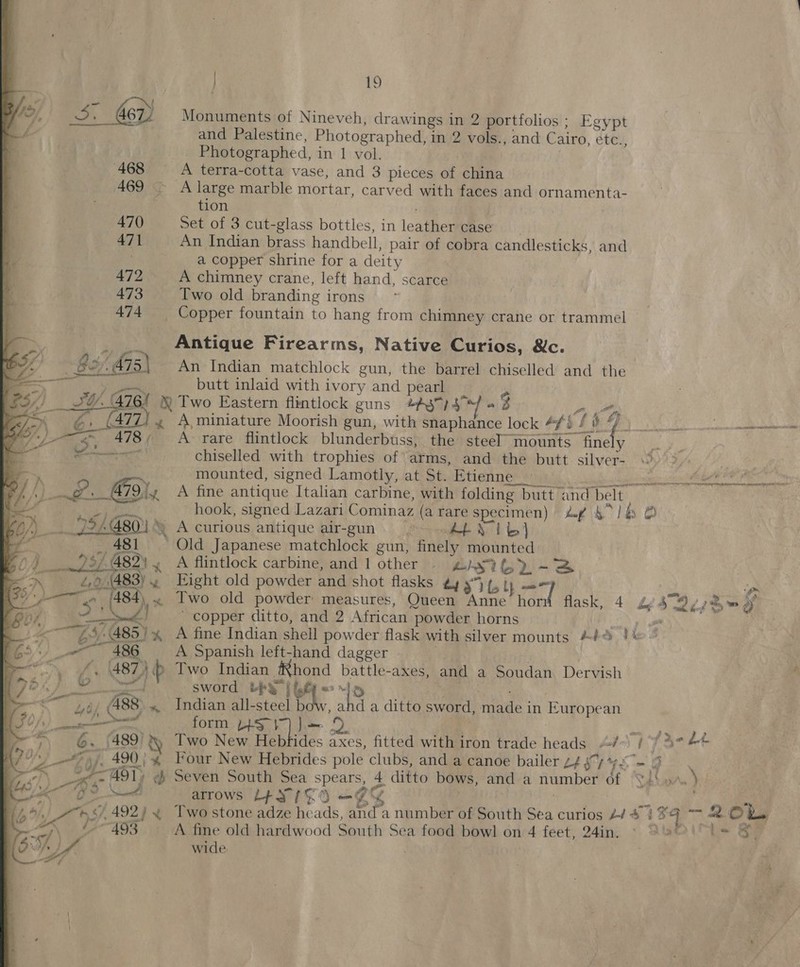 19 _ ( as. 467/ Monuments of Nineveh, drawings 1 in 2 portfolios; Egypt and Palestine, Photographed, in 2 vols., and Cairo, etez Photographed, in 1 vol.  468 ~—_—A terra-cotta vase, and 3 pieces of china AGI fT A large marble mortar, carved with faces and ornamenta- | tion 470 Set of 3 cut-glass bottles, in leather LSE (| 471 An Indian brass handbell, pair of cobra candlesticks, and iz : a copper shrine for a deity | 472 A chimney crane, left hand, scarce | 473 Two old branding i irons 4 474 Copper fountain to hang from chimney crane or trammel Antique Firearms, Native Curios, &amp;c. An Indian matchlock gun, the barrel chiselled and the butt inlaid with ivory and pearl ‘476! &amp; Two Eastern flintlock guns *A37/4°*/ » 3 if (477) « A,miniature Moorish gun, with snaphance lock bf o Td a Sie ON ped A rare flintlock blunderbuss, the steel mounts. ne Oe ae : chiselled with trophies of arms, and the butt silver- 3) 2~ mounted, signed Lamotly, at St. Etienne 2 bs Bi 4 A fine antique Italian carbine, with folding butt and Delt By hook, signed Lazari Cominaz (a rare specimen) — def lb @ } Ea) MEIACT NE ‘.     SITET I eT an SEE PEN at A curious ‘antique elr-gun \) (gna NT I ‘Old Japanese matchlock gun, finely mounted A flintlock carbine, and 1 other Als 562-3 Eight old powder and shot flasks 4437 (ol, = 7 Two old powder measures, Queen AR, hor flask, 4 &amp; se 2% =% ~ copper ditto, and 2 African powder horns A fine Indian shell powder flask with silver mounts bby Vk : A Spanish left-hand dagger ‘pb Two Indian ‘Rhond battle-axes, and a Soudan Dervish sword tS [4 © ~]p Indian all-steel bow, ahd a ditto sword, made in European form L157 \7) j= ol  Two New Hebfides axes, fitted with iron trade heads »/-' At yo bd Four New Hebrides pole ae and a canoe bailer 24 sy y= ay Seven South Sea spears, 4 ditto bows, and a number 1 aw § ~ ), arrows LY s$ OG Two stone adze heads, ‘ate a number of South Sea curios 2/4 } ate 4 be o L A fine old hardwood Sn Sea food bowl on 4 feet, 24in, * 2% a wide.  