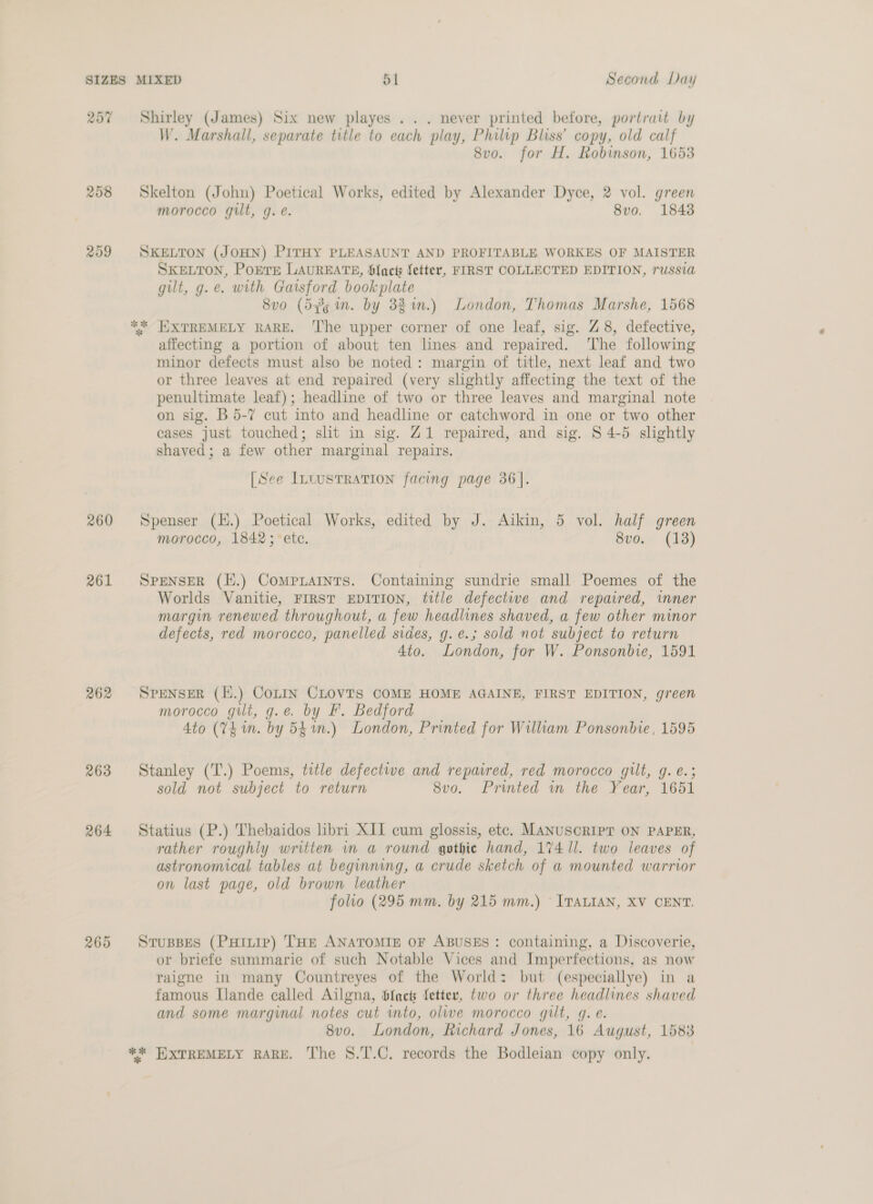 257 260 261 262 263 264 265 Shirley (James) Six new playes ... never printed before, portrait by W. Marshall, separate title to each play, Philip Bliss’ copy, old calf 8vo. for H. Robinson, 1653 Skelton (John) Poetical Works, edited by Alexander Dyce, 2 vol. green morocco gilt, g. é. 8vo. 1848 SKELTON (JOHN) PITHY PLEASAUNT AND PROFITABLE WORKES OF MAISTER SKELTON, Porre LAUREATE, Sfacts fetter, FIRST COLLECTED EDITION, russia gilt, g.e. with Garsford bookplate 8vo (5¥5 m. by 33%.) London, Thomas Marshe, 1568 ** W]#XTREMELY RARE. ‘The upper corner of one leaf, sig. Z 8, defective, affecting a portion of about ten lines and repaired. The following minor defects must also be noted : margin of title, next leaf and two or three leaves at end repaired (very slightly affecting the text of the penultimate leaf); headline of two or three leaves and marginal note on sig. B 5-7 cut into and headline or catchword in one or two other cases just touched; slit in sig. Z1 repaired, and sig. S 4-5 slightly shaved; a few other marginal repairs. [See IntusTRATION facing page 36]. Spenser (H.) Poetical Works, edited by J. Aikin, 5 vol. half green morocco, 18423 etc. 8vo. (13) SPENSER (H.) CompuLaints. Containing sundrie small Poemes of the Worlds Vanitie, FIRST EDITION, title defectiwe and repaired, imner margin renewed throughout, a few headlines shaved, a few other minor defects, red morocco, panelled sides, g.e.; sold not subject to return 4to. London, for W. Ponsonbie, 1591 SPENSER (H.) CoLIN CLOVIS COME HOME AGAINE, FIRST EDITION, green morocco gilt, g.e. by F. Bedford 4to (74 in. by 541m.) London, Printed for William Ponsonbie, 1595 Stanley (T.) Poems, title defectwwe and repaired, red morocco gilt, g. e.; sold not subject to return 8vo. Printed in the Year, 1651 Statius (P.) Thebaidos libri XII cum glossis, etc. MANUSCRIPT ON PAPER, rather roughly written in a round gothic hand, 174 Il. two leaves of astronomical tables at beginning, a crude sketch of a mounted warrior on last page, old brown leather folio (295 mm. by 215 mm.) ITALIAN, XV CENT. StTuBBES (PHitip) THE ANATOMIE OF ABUSES: containing, a Discoverie, or briefe summarie of such Notable Vices and Imperfections, as now raigne in many Countreyes of the World: but (especiallye) in a famous Ilande called Ailgna, #fact fetter, two or three headlines shaved and some marginal notes cut mto, olwe morocco gilt, q. e. 8v0. London, Richard Jones, 16 August, 1583 ** HHXTREMELY RARE. The 8.T.C. records the Bodleian copy only.