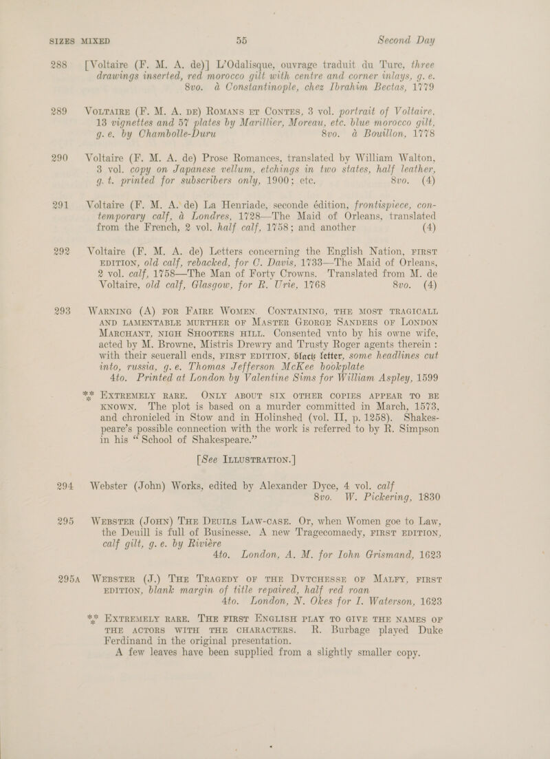 288 [Voltaire (F. M. A. de)] L’Odalisque, ouvrage traduit du Ture, three drawings inserted, red morocco gilt with centre and corner inlays, 9g. e. 8vo. a&amp; Constantinople, chez Ibrahim Bectas, 1779 289 Voxurarre (F. M. A. pe) Romans er Contes, 3 vol. portrait of Voltaire, 13 vignettes and 57 plates by Marillier, Moreau, etc. blue morocco gilt, g.e. by Chambolle-Duru 8vo. a&amp; Bouillon, 1778 290 Voltaire (F. M. A. de) Prose Romances, translated by Wiliam Walton, 3 vol. copy on Japanese vellum, etchings in two states, half leather, g. t. printed for subscribers only, 1900; ete. 8vo. (4) 291 Voltaire (F. M. A. de) La Henriade, seconde édition, frontispiece, con- temporary calf, a@ Londres, 1728—The Maid of Orleans, translated from the French, 2 vol. half calf, 1758; and another (4) 292 Voltaire (F. M. A. de) Letters concerning the English Nation, FIRST EDITION, old calf, rebacked, for C. Davis, 1733—The Maid of Orleans, 2 vol. calf, 1758—The Man of Forty Crowns. Translated from M. de Voltaire, old calf, Glasgow, for R. Urie, 1768 8vo. (4)  293 Warnina (A) For FarRE WoMEN. CONTAINING, THE MOST TRAGICALL AND LAMENTABLE MURTHER OF MASTER GEORGE SANDERS OF LONDON MARCHANT, NIGH SHOOTERS HILL. Consented vnto by his owne wife, acted by M. Browne, Mistris Drewry and Trusty Roger agents therein : with their seuerall ends, FIRST EDITION, blac fetter, some headlines cut into, russia, g.e. Thomas Jefferson McKee bookplate 4to. Printed at London by Valentine Sims for William Aspley, 1599 ** KIXTREMELY RARE. ONLY ABOUT SIX OTHER COPIES APPEAR TO BE KNOWN. The plot is based on a murder committed in March, 1573, and chronicled in Stow and in Holinshed (vol. II, p. 1258). Shakes- peare’s possible connection with the work is referred to by R. Simpson in his “ School of Shakespeare.” [See ILLUSTRATION. | 294 Webster (John) Works, edited by Alexander Dyce, 4 vol. calf 8vo. W. Pickering, 1830 295 WessterR (JOHN) THE DeuiIts Law-case. Or, when Women goe to Law, the Deuill is full of Businesse. A new Tragecomaedy, FIRST EDITION, calf gilt, g.e. by Riviere Ato. London, A. M. for Iohn Grismand, 1623 2954 Wesster (J.) THe TRAGEDY OF THE DvTcHESSE OF MALFy, FIRST EDITION, blank margin of title reparred, half red roan 4to. London, N. Okes for I. Waterson, 1623 ** WXTREMELY RARE. THE FIRST ENGLISH PLAY TO GIVE THE NAMES OF THE ACTORS WITH THE CHARACTERS. R. Burbage played Duke Ferdinand in the original presentation. A few leaves have been supplied from a slightly smaller copy.