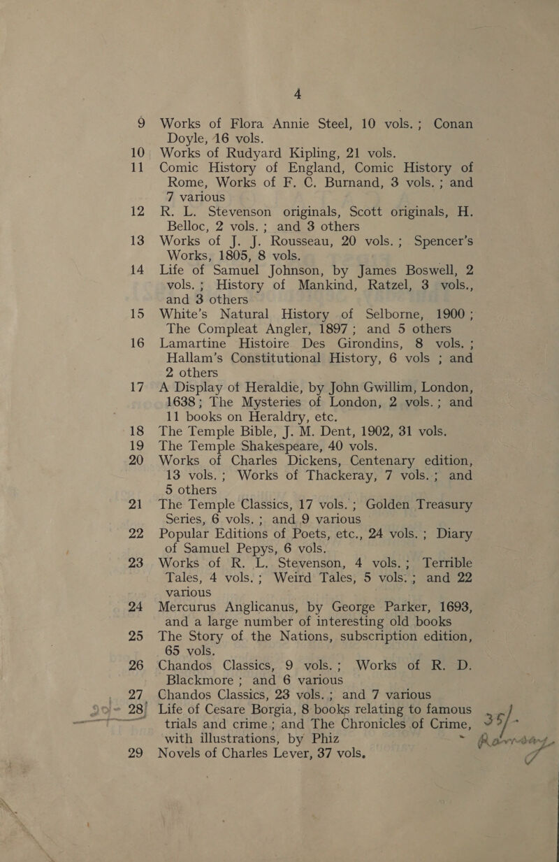 Works of Flora Annie Steel, 10 vols.; Conan Doyle, 16 vols. Works of Rudyard Kipling, 21 vols. Comic History of England, Comic History of Rome, Works of F. C. Burnand, 3 vols. ; and 7 various R. L. Stevenson originals, Scott originals, H. Belloc, 2 vols. ; and 3 others Works of J. J. Rousseau, 20 vols. ; Spencer’s Works, 1805, 8 vols. Life of Samuel Johnson, by James Boswell, 2 vols. ; History of Mankind, Ratzel, 3 vols., and 3 others White’s Natural History of Selborne, 1900 ; The Compleat Angler, 1897; and 5 others Lamartine Histoire Des Girondins, 8 vols. ; Hallam’s Constitutional History, 6 vols ; and 2 others A Display ot Heraldie, by John Gwillim, London, 1638 ; The Mysteries of London, 2 vols.; and 11 books on Heraldry, etc. The Temple Bible, J. M. Dent, 1902, 31 vols. The Temple Shakespeare, 40 vols. Works of Charles Dickens, Centenary edition, 13 vols.; Works of Thackeray, 7 vols.; and &gt; others The Temple Classics, 17 vols. ; Golden Treasury Series, 6 vols. ; and 9 various Popular Editions of Poets, etc., 24 vols. ; Diary of Samuel Pepys, 6 vols. Works of R. L. Stevenson, 4 vols.; Terrible Tales, 4 vols. ; Weird Tales, 5 vols. ; and 22 various Mercurus Anglicanus, by George Parker, 1693, and a large number of interesting old books The Story of the Nations, subscription edition, 65 vols. Chandos Classics, 9 vols.; Works of R. D. Blackmore ; and 6 various Chandos Classics, 23 vols. ; and 7 various trials and crime; and The Chronicles of Crime, Novels of Charles Lever, 37 vols.