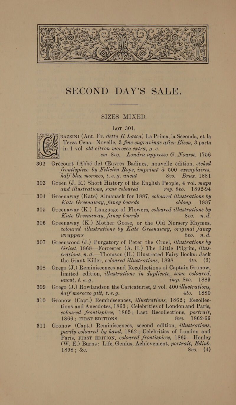  2k PENS SECOND DAY’S SALE. SIZES MIXED. Lot 301. 311 Terza Cena. Novelle, 3 fine engravings after Hisen, 3 parts ©! in 1 vol. old citron morocco extra, g. é. sm. 8vo. Londra appresso G. Nourse, 1756 Grécourt (Abbé de) CEuvres Badines, nouvelle édition, etched Srontispiece by Felicien Rops, imprimé a 500 exemplaires, half blue morocco, t. e.g. uncut } 8vo. Bruz. 1881 Green (J. R.) Short History of the English People, 4 vol. maps and illustrations, some coloured roy. 8vo. 1892-94 Greenaway (Kate) Almanack for 1887, coloured cllustrations by Kate Greenaway, fancy boards oblong. 1887 Greenaway (K.) Language of Flowers, coloured illustrations by Kate Greenaway, fancy boards 8vo. n.d. Greenaway (K.) Mother Goose, or the Old Nursery Rhymes, coloured illustrations by Kate Greenaway, original fancy wrappers 8vo. n.d. Greenwood (J.) Purgatory of Peter the Cruel, ¢llustrations by Griset, 1868—Forrester (A. H.) The Little Pilgrim, 2Jlus- trations, n. d.—Thomson (H.) Illustrated Fairy Books: Jack the Giant Killer, coloured illustrations, 1898 4to. (3) Grego (J.) Reminiscences and Recollections of Captain Gronow, limited edition, tllustrations in duplicate, some coloured, uncut, t.é@. 9g. amp. 8vo. 1889 Grego (J.) Rowlandson the Caricaturist, 2 vol. 400 illustrations, half morocco gilt, t. e.g. 4to. 1880 Gronow (Capt.) Reminiscences, ¢lustrations, 1862; Recollec- tions and Anecdotes, 1863 ; Celebrities of London and Paris, coloured frontispiece, 1865; Last Recollections, portrait, 1866 ; FIRST EDITIONS 8vo. 1862-66 Gronow (Capt.) Reminiscences, second edition, dlustrations, partly coloured by hand, 1862; Celebrities of London and Paris, FIRST EDITION, coloured frontispiece, 1865— Henley (W. E.) Burns: Life, Genius, Achievement, portrait, Edinb.