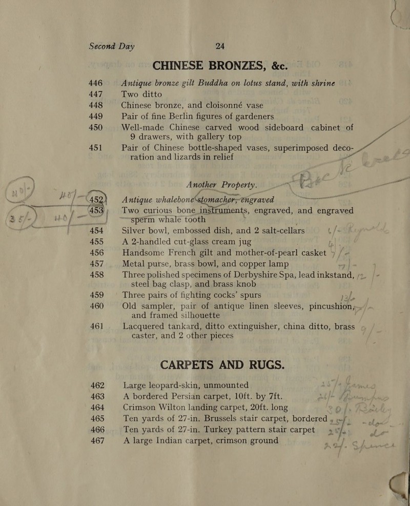 462 463 464 465 466 467 CHINESE BRONZES, &amp;c. Antique bronze gilt Buddha on lotus stand, with shrine Chinese bronze, and cloisonné vase Pair of fine Berlin figures of gardeners Well-made Chinese carved wood sideboard cabinet of 9 drawers, with gallery top ration and lizards in relief ies Property. mtn ©: 4. sperm whale tooth Silver bowl, embossed dish, and 2 salt- cellars , / A 2-handled cut-glass cream jug Handsome French gilt and mother-of- pearl tiers le Metal purse, brass bowl, and copper lamp Three polished specimens of Derbyshire Spa, lead iditstantes steel bag clasp, and brass knob Three pairs of fighting cocks’ spurs paf Old sampler, pair of antique linen sleeves, pincushion, and framed silhouette Lacquered tankard, ditto extinguisher, china ditto, brass caster, and 2 other pieces a CARPETS AND RUGS. Large leopard-skin, unmounted A bordered Persian carpet, 10ft. by 7ft. Crimson Wilton landing carpet, 20ft. long o/s Ten yards of 27-in. Brussels stair carpet, bordered , ~/ Ten yards of 27-in. Turkey pattern stair carpet 4: ihe A large Indian carpet, crimson ground